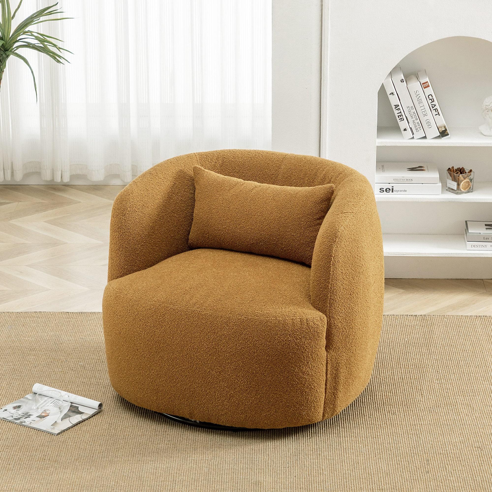34" Wide Boucle Swivel Barrel Chair, No Assembly Round Upholstered Armchair Accent Chair Single Sofa Chair with Toss Pillow for Living Room and Bedroom, Brown