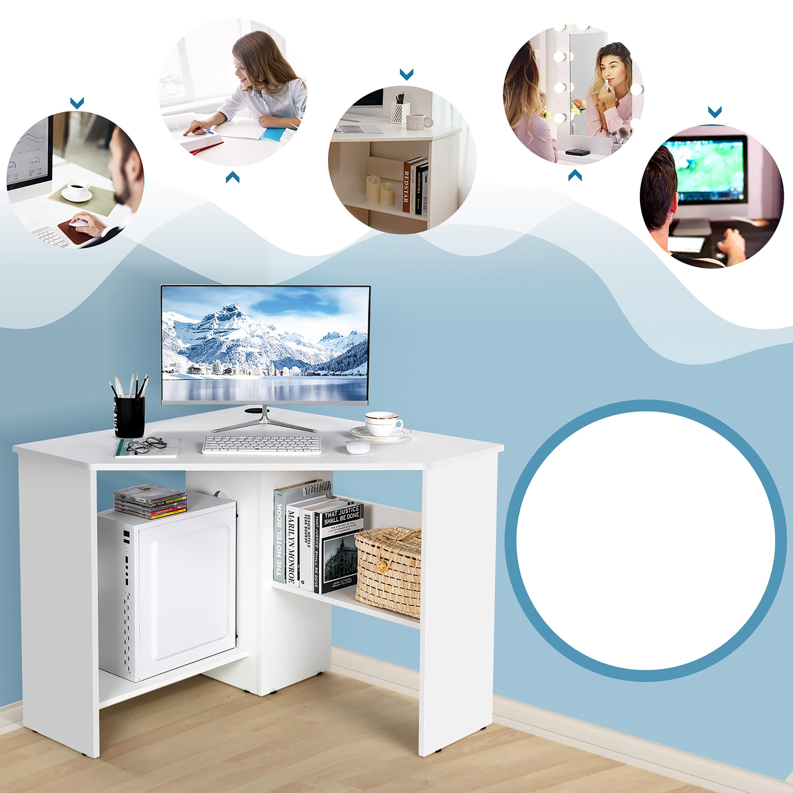 Costway Corner Computer Desk Triangle Writing Workstation w/ Storage Shelf White