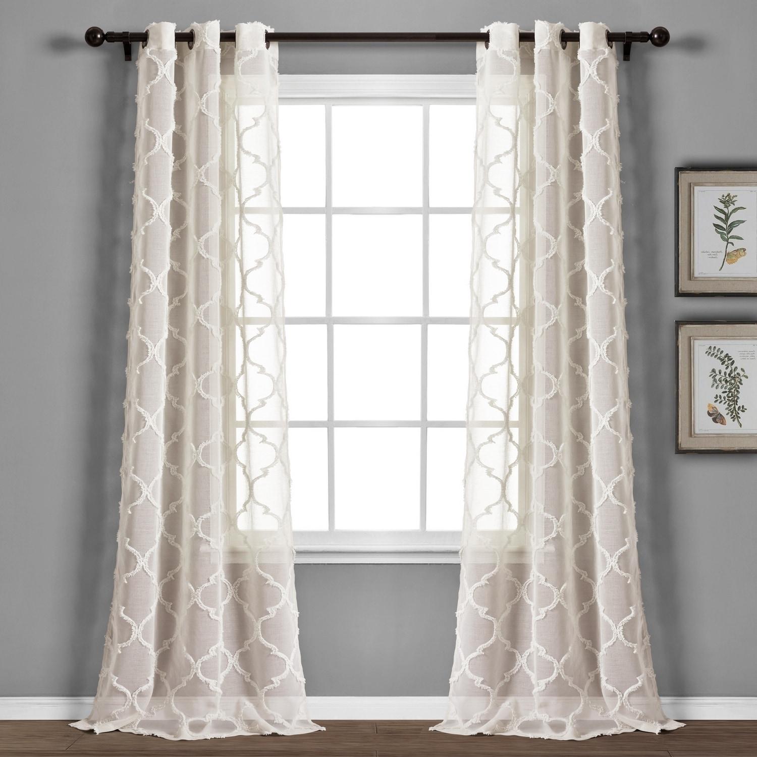 Beige Chenille Trellis Sheer Grommet Curtain Panels, 84" x 38"