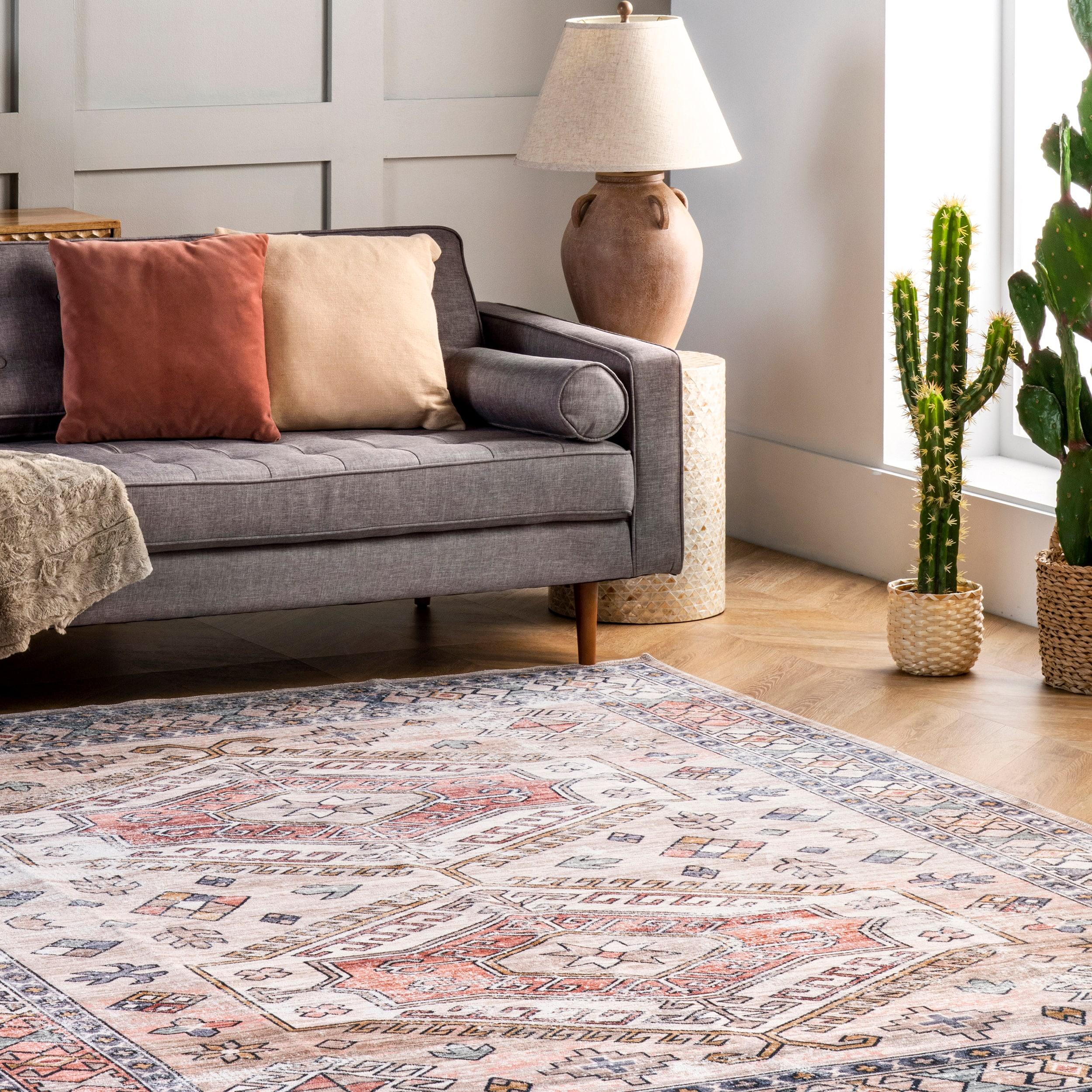 nuLOOM Mae Tribal Motif Machine Washable Peach 6' Modern Round Rug