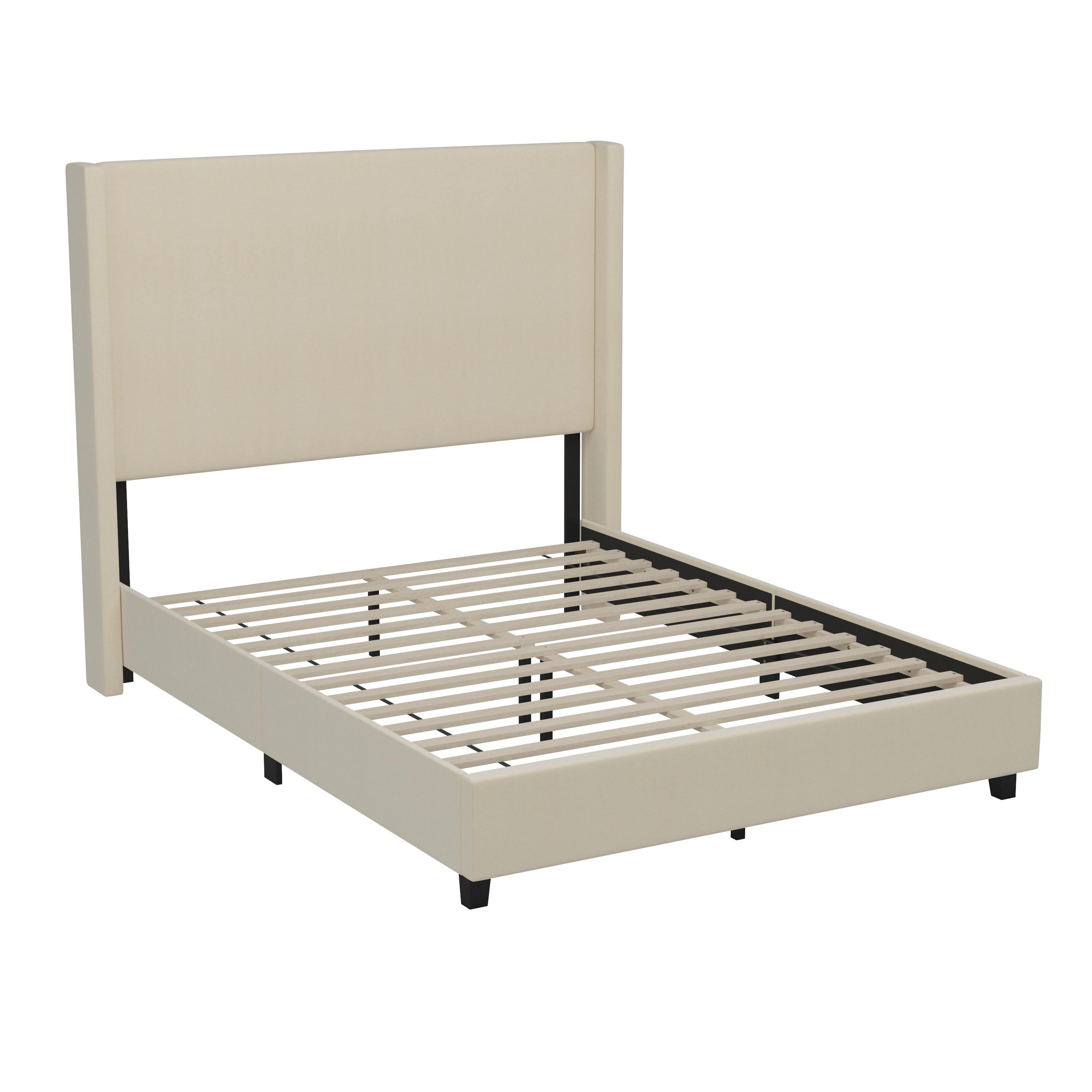 Flash Furniture Quinn Queen Upholstered Platform Bed with Channel Stitched Wingback Headboard, No Box Spring Needed, Beige