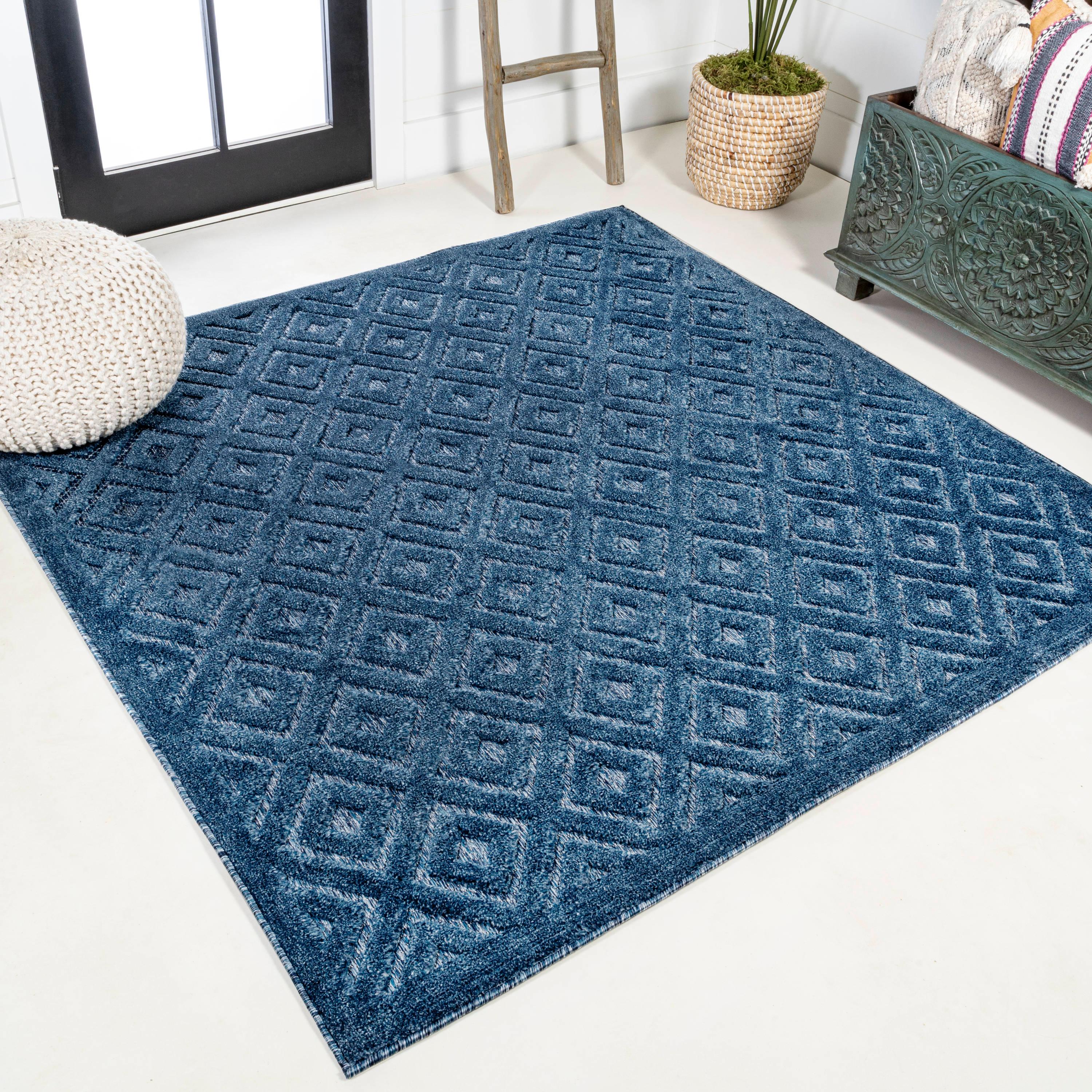 5' x 5' Portmany Neutral Diamond Trellis Indoor/Outdoor Area Rug, Navy - JONATHAN Y