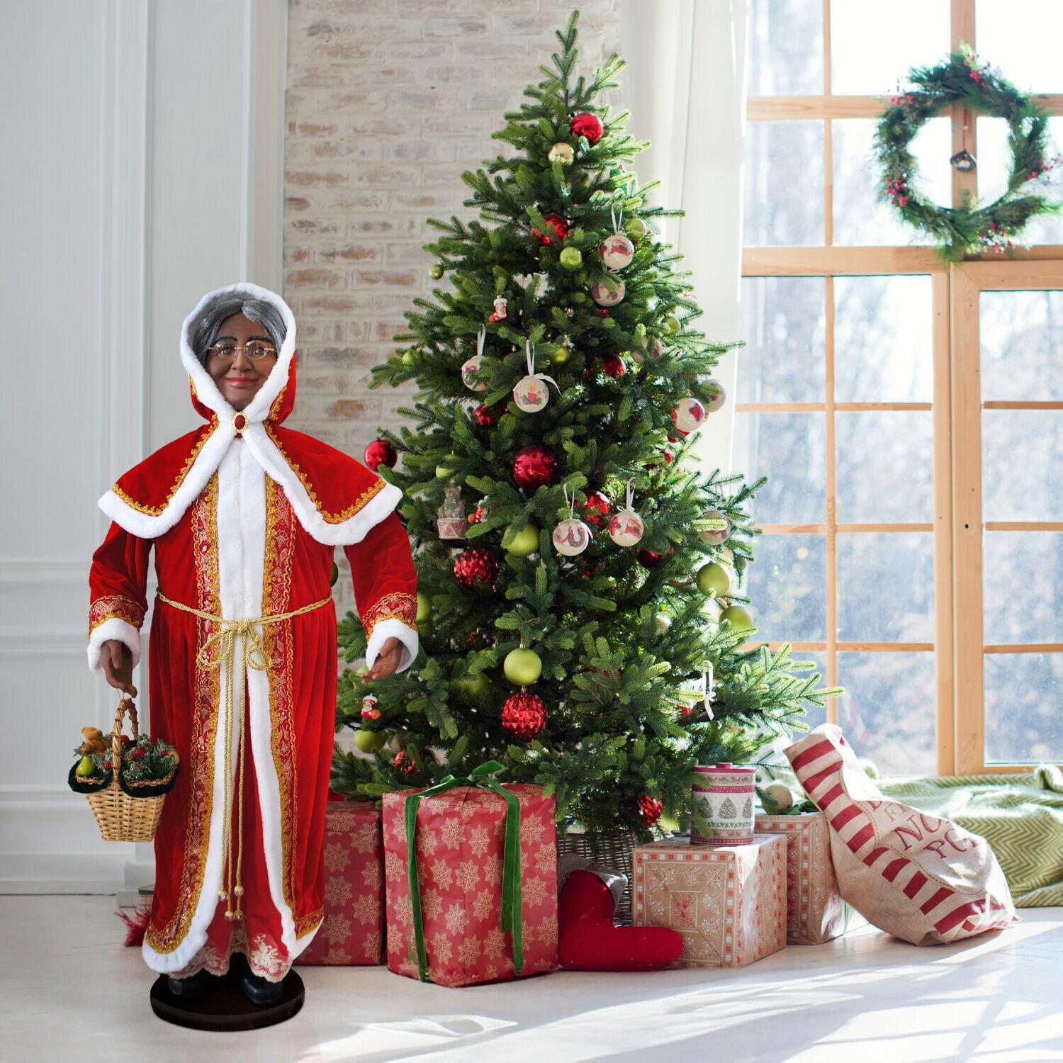 African American Dancing Mrs. Claus with Hooded Cloak and Basket Figurine