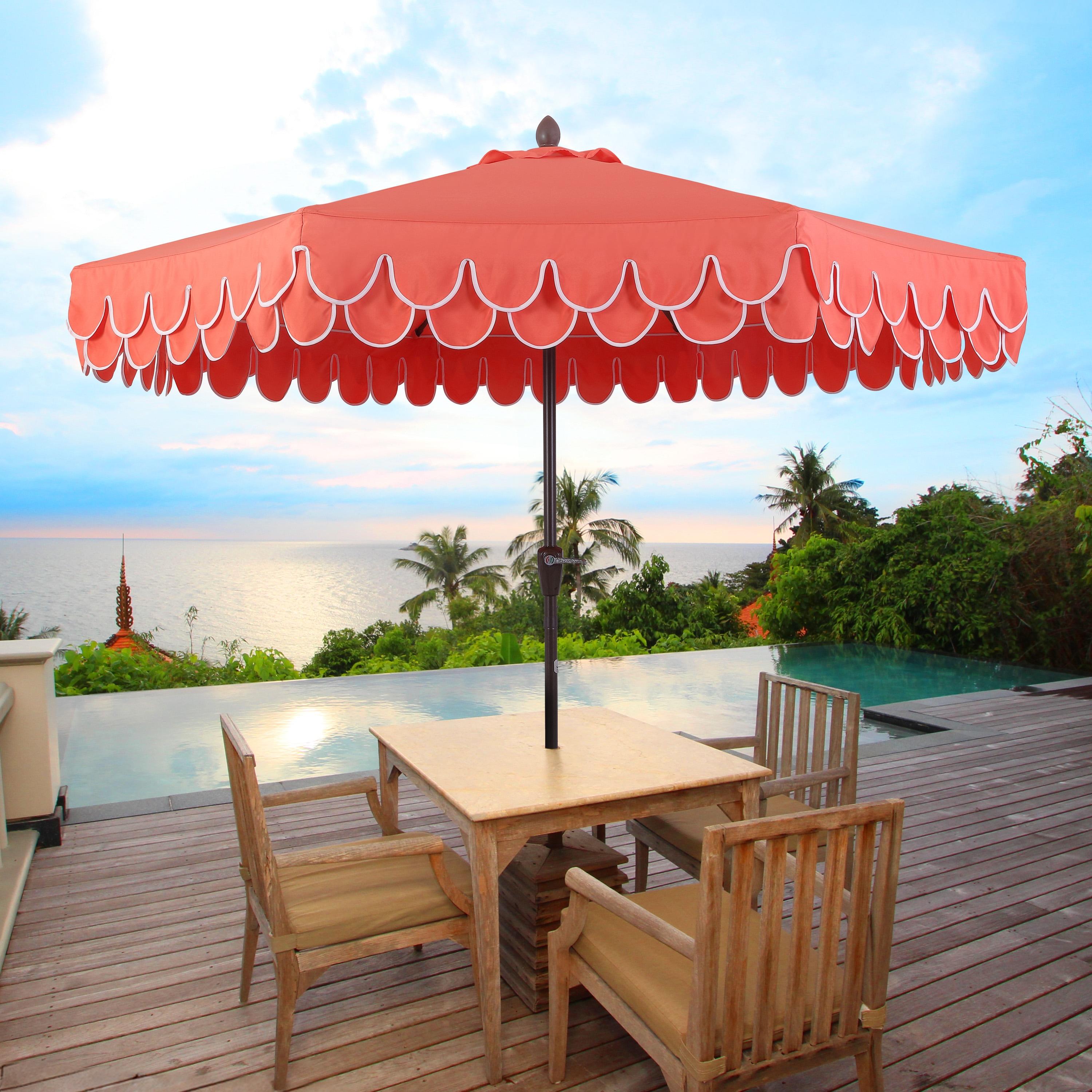 Red Barrel Studio® Beeliar 9 ft. Classic Scalloped Fringe Market Patio Umbrella with Auto-Tilt, Crank, and UV Protection