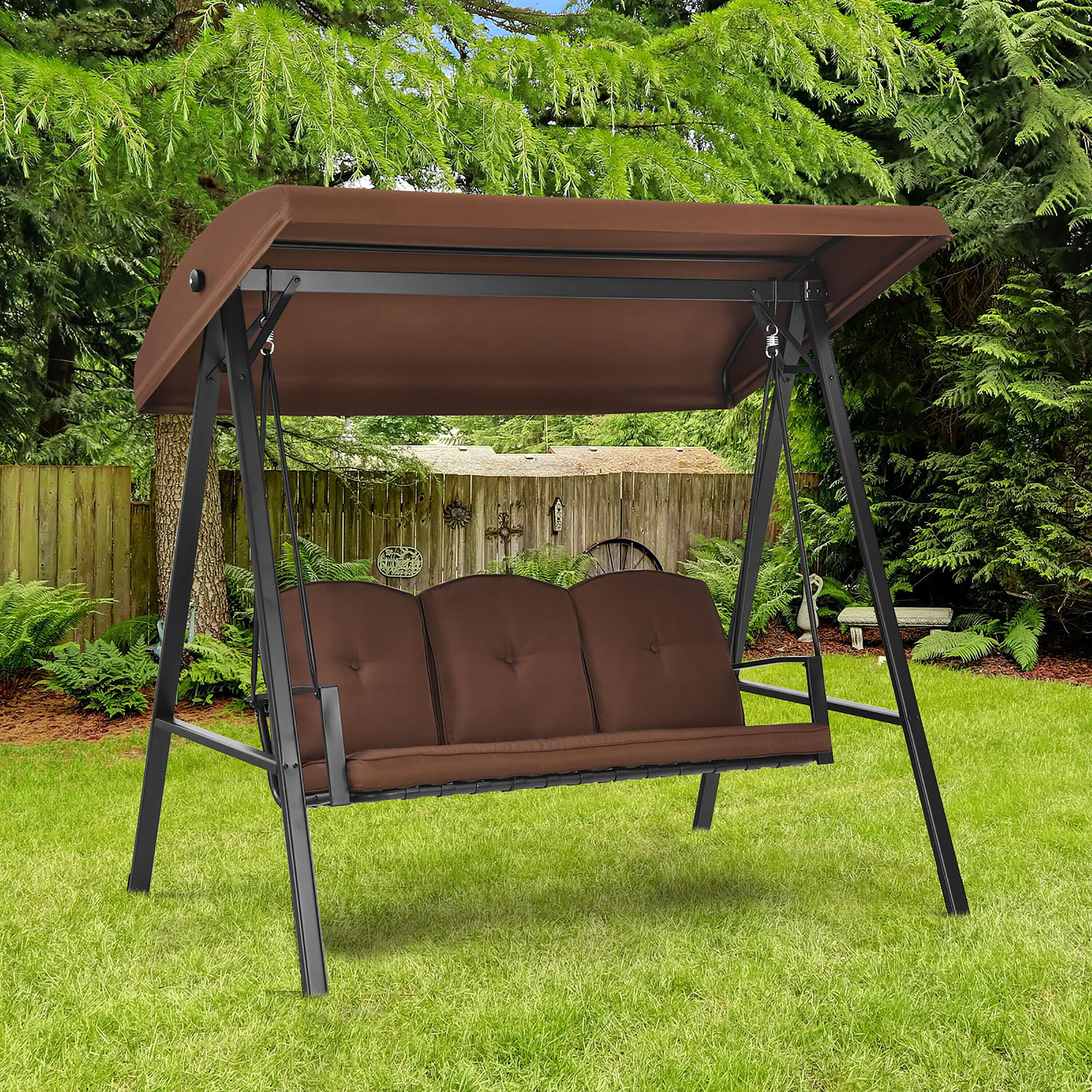 Tangkula 3-Person Patio Swing Seat Outdoor Porch Swing All Weather Hammock w/Adjustable Canopy & Cushions Brown