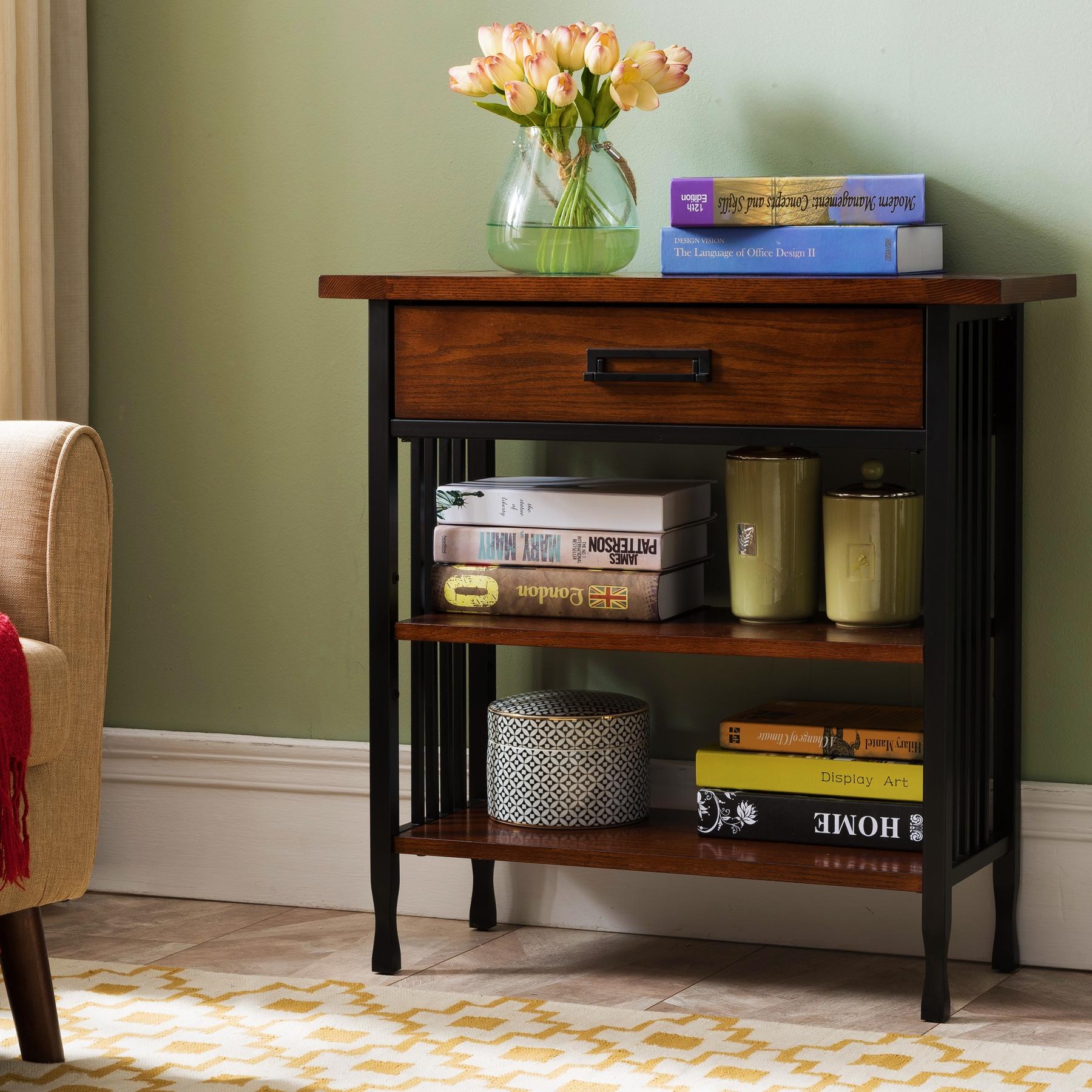 Leick Home 11261 Ironcraft Rustic Foyer Bookcase with Drawer Storage, Mission Oak and Black
