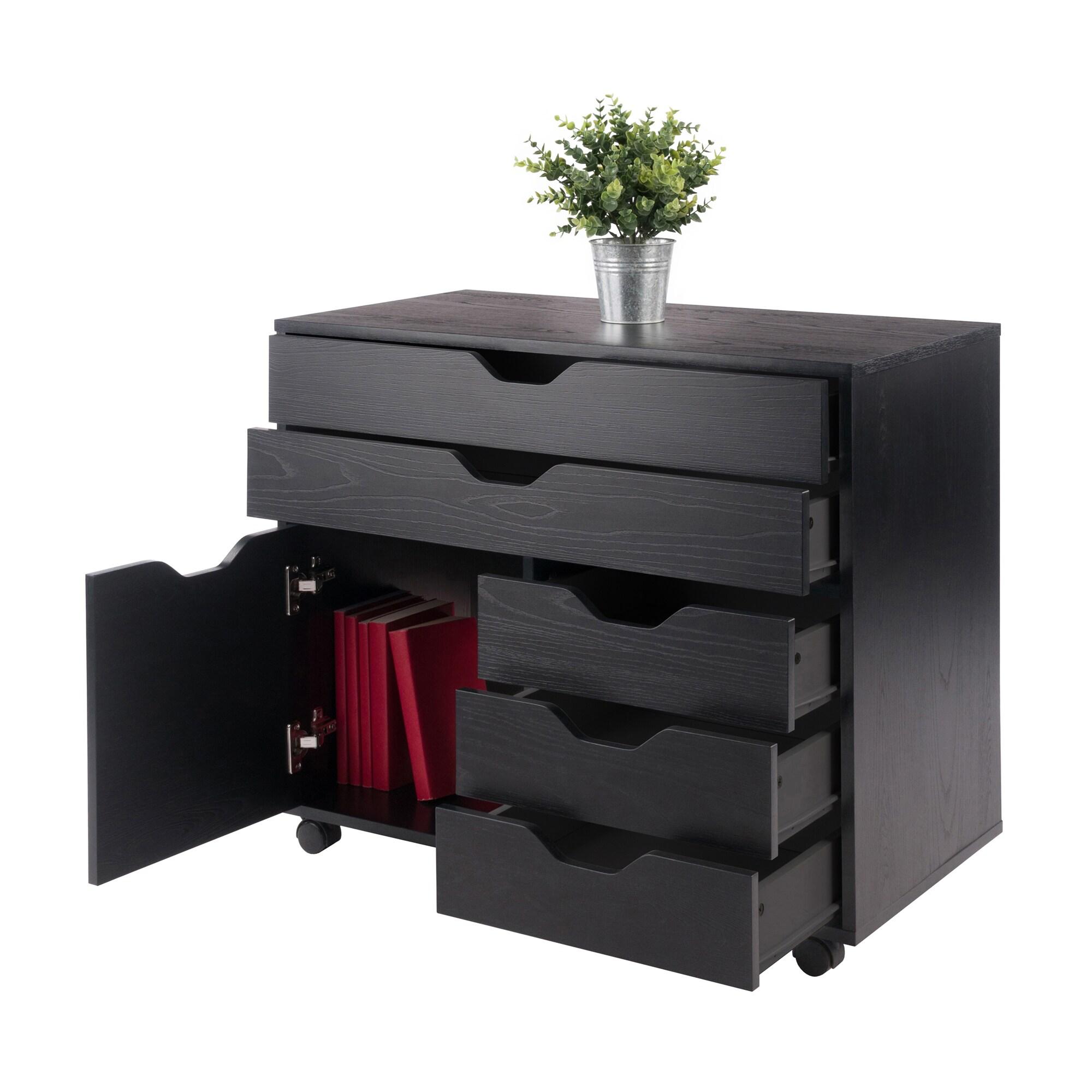 Halifax 3 Section Mobile Storage Cabinet Black - Winsome: MDF Wood Composite, 5 Drawers, 1 Door