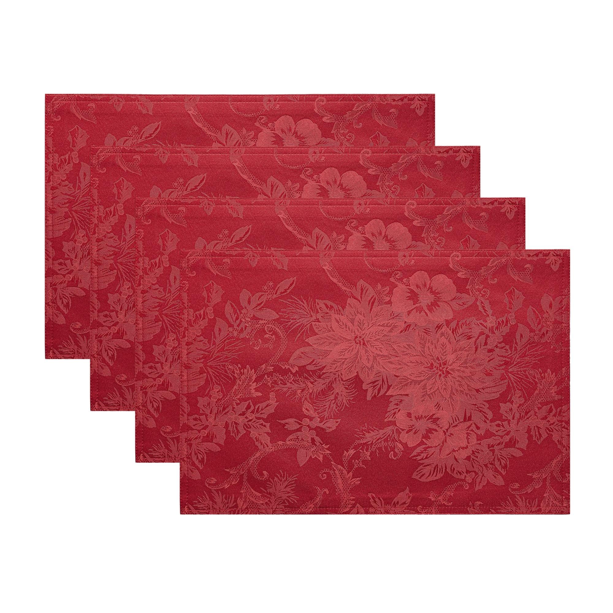 Poinsettia Elegance Jacquard Holiday Placemat, Set of 4 - 13" x 19" - Red - Elrene Home Fashions