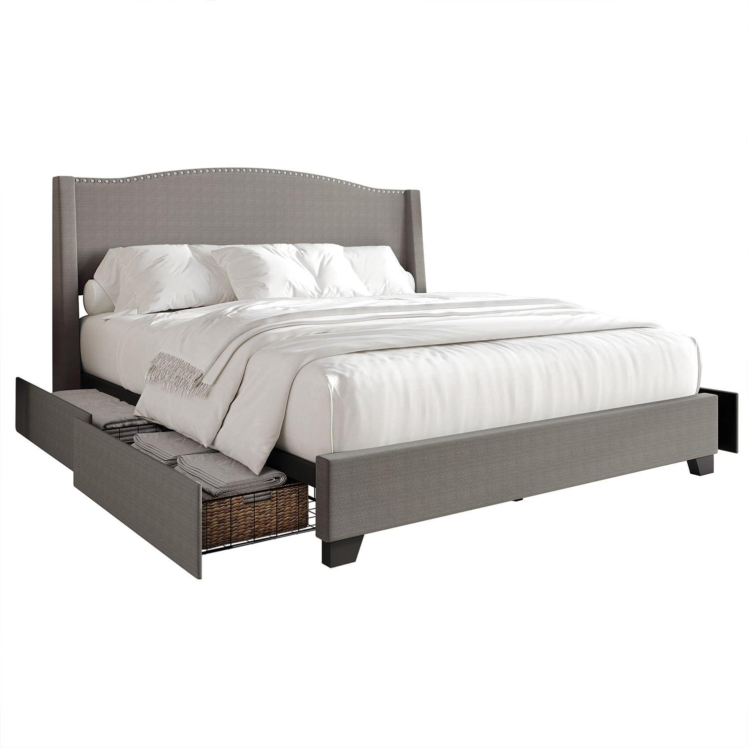 Castle Place Elegant Linen King Platform Bed with Storage, LIght Grey