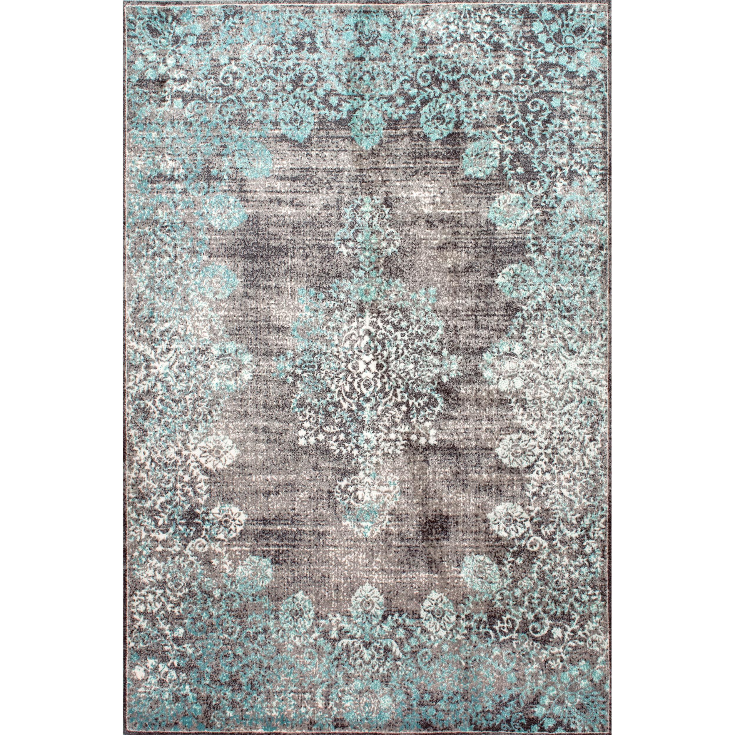 Teal and Gray Tufted Synthetic Runner Rug