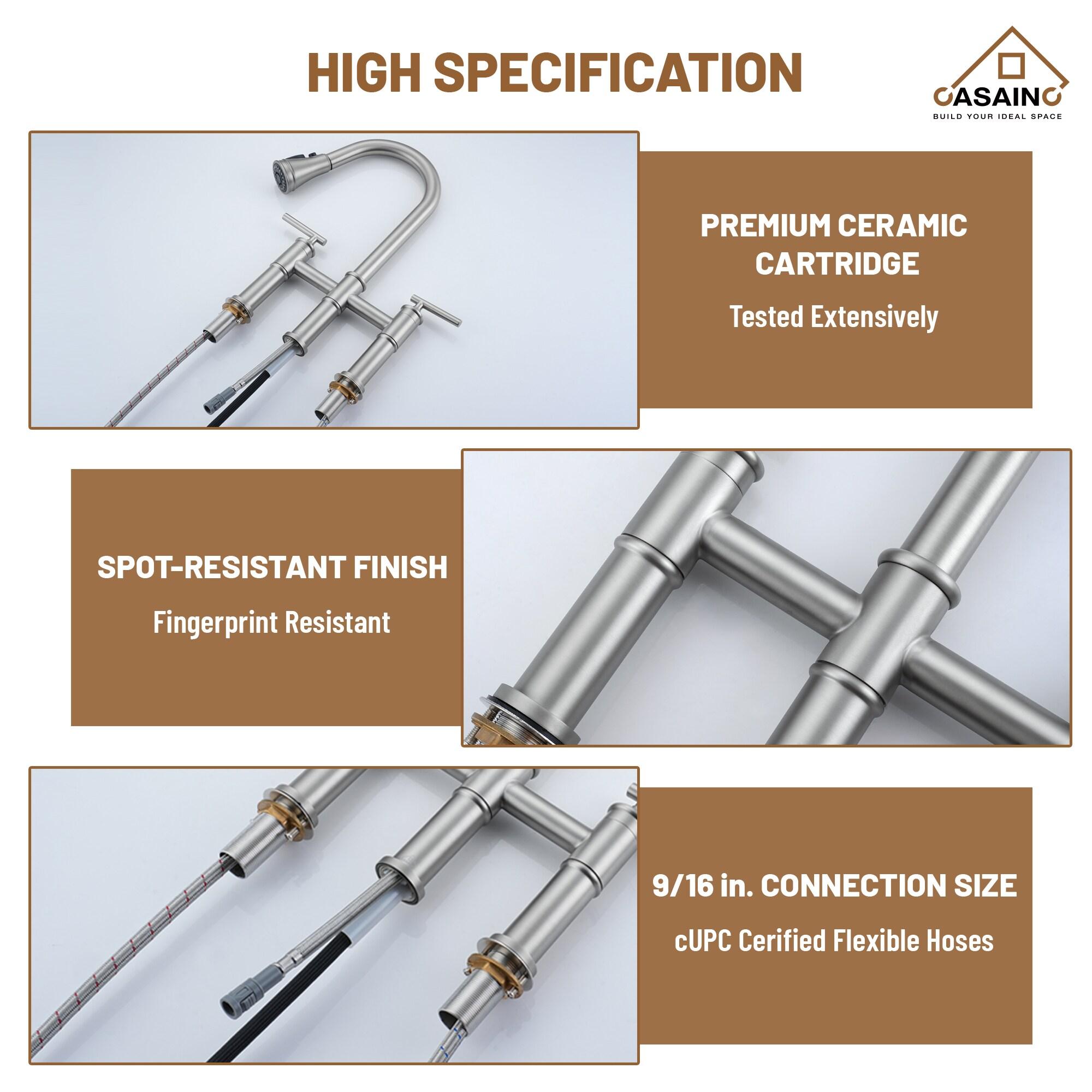 CASAINC Sleek 2-Handle Bridge Kitchen Faucet with Three Function Pull-Down Sprayhead 1.8 GPM KCLT0001-BN