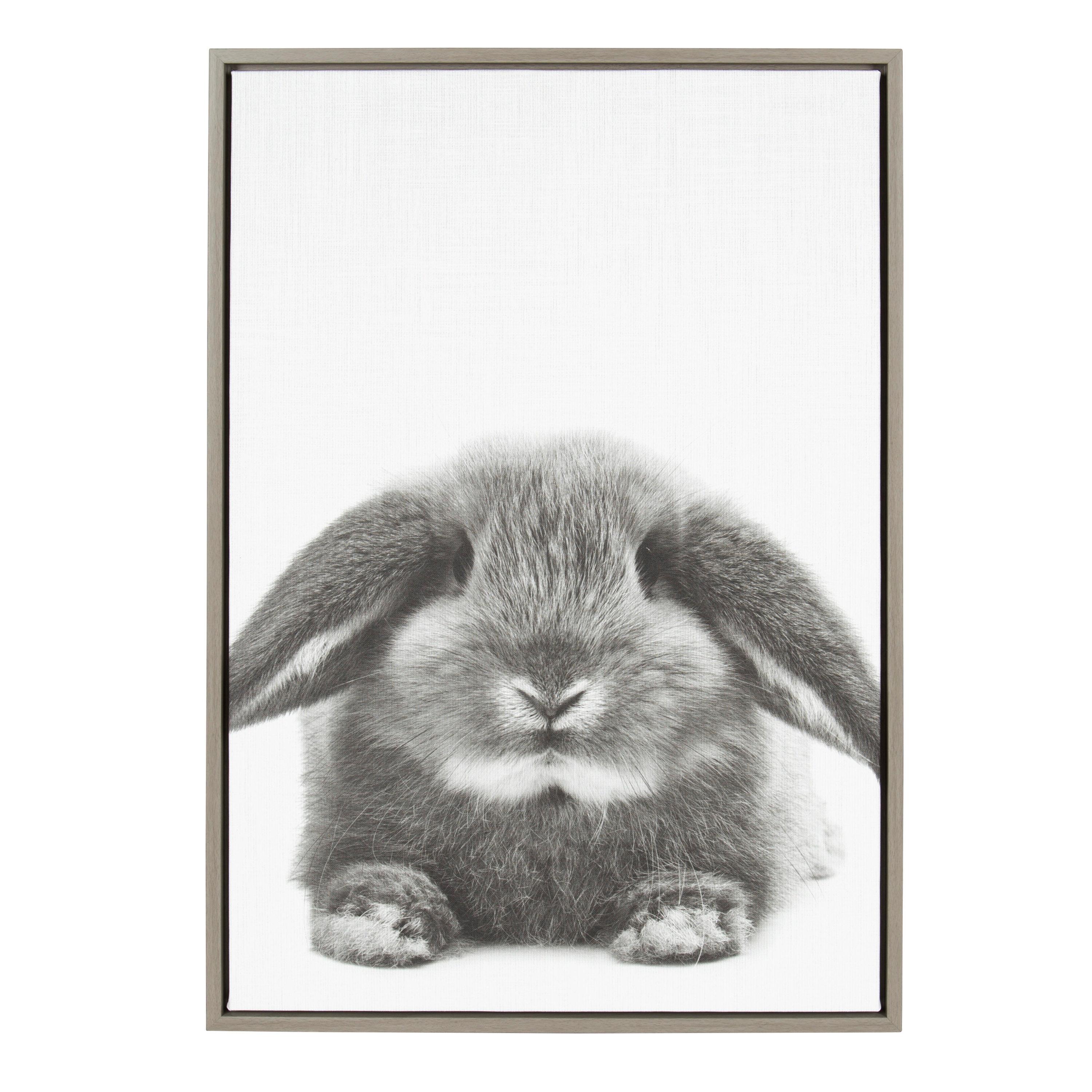 Kate and Laurel Sylvie Rabbit Animal Print Black and White Portrait Framed Canvas Wall Art by Simon Te Tai, 23x33 Gray