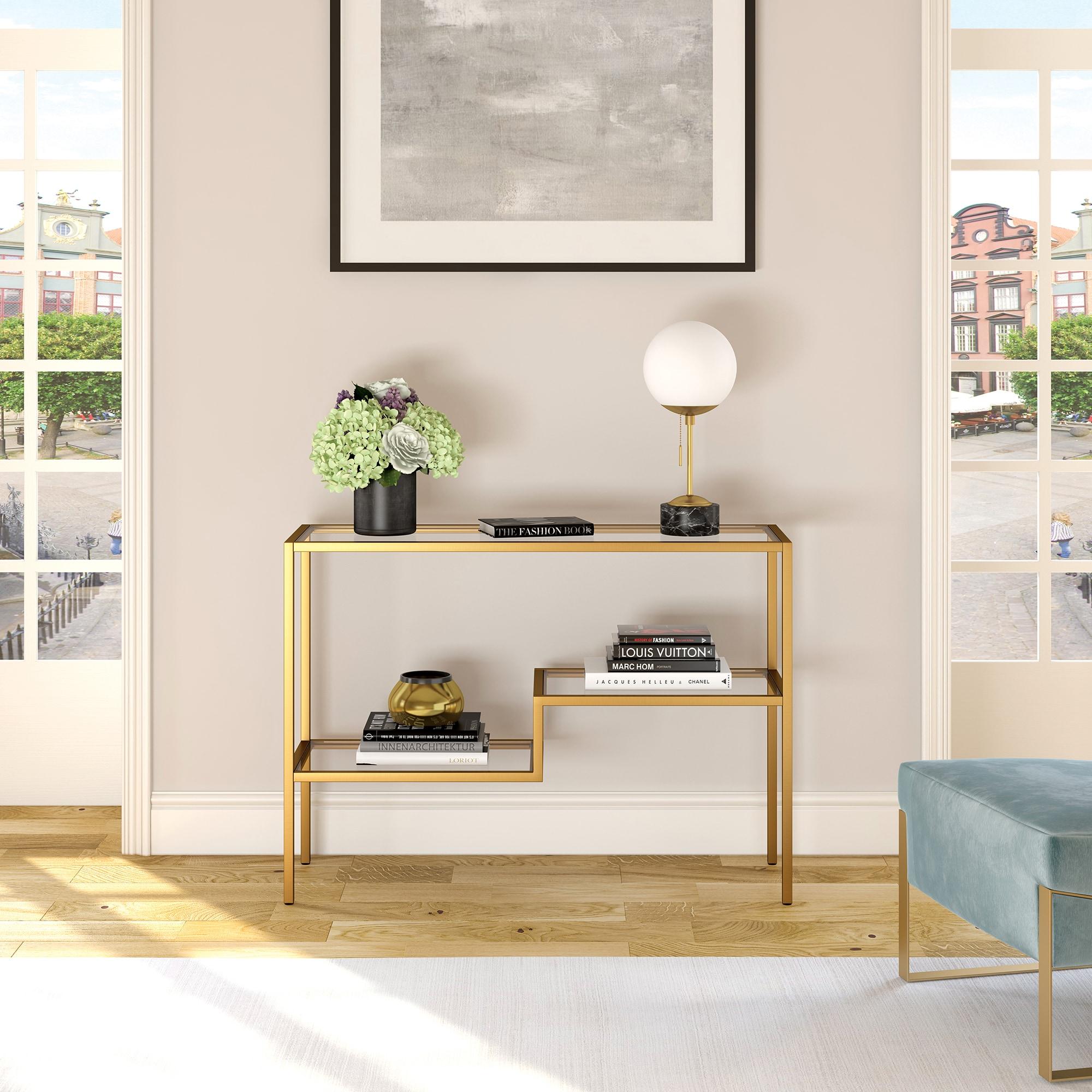 Brass and Glass Console Table with Storage Shelves