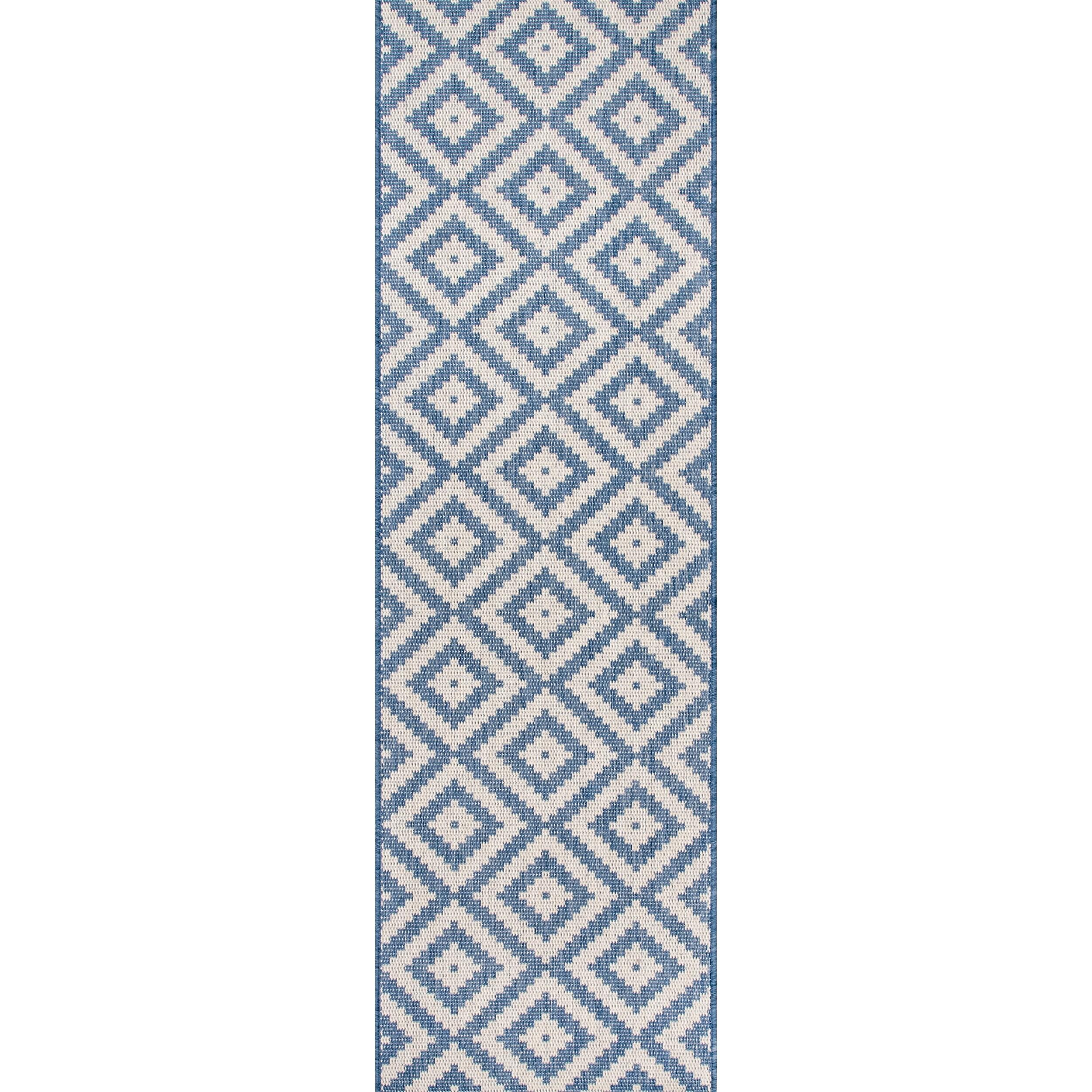 Nuloom Marybelle Geometric 2x8 Indoor/Outdoor Runner Rug for Living Room Patio Deck Front Porch Entryway Hallway Kitchen, Blue/Ivory