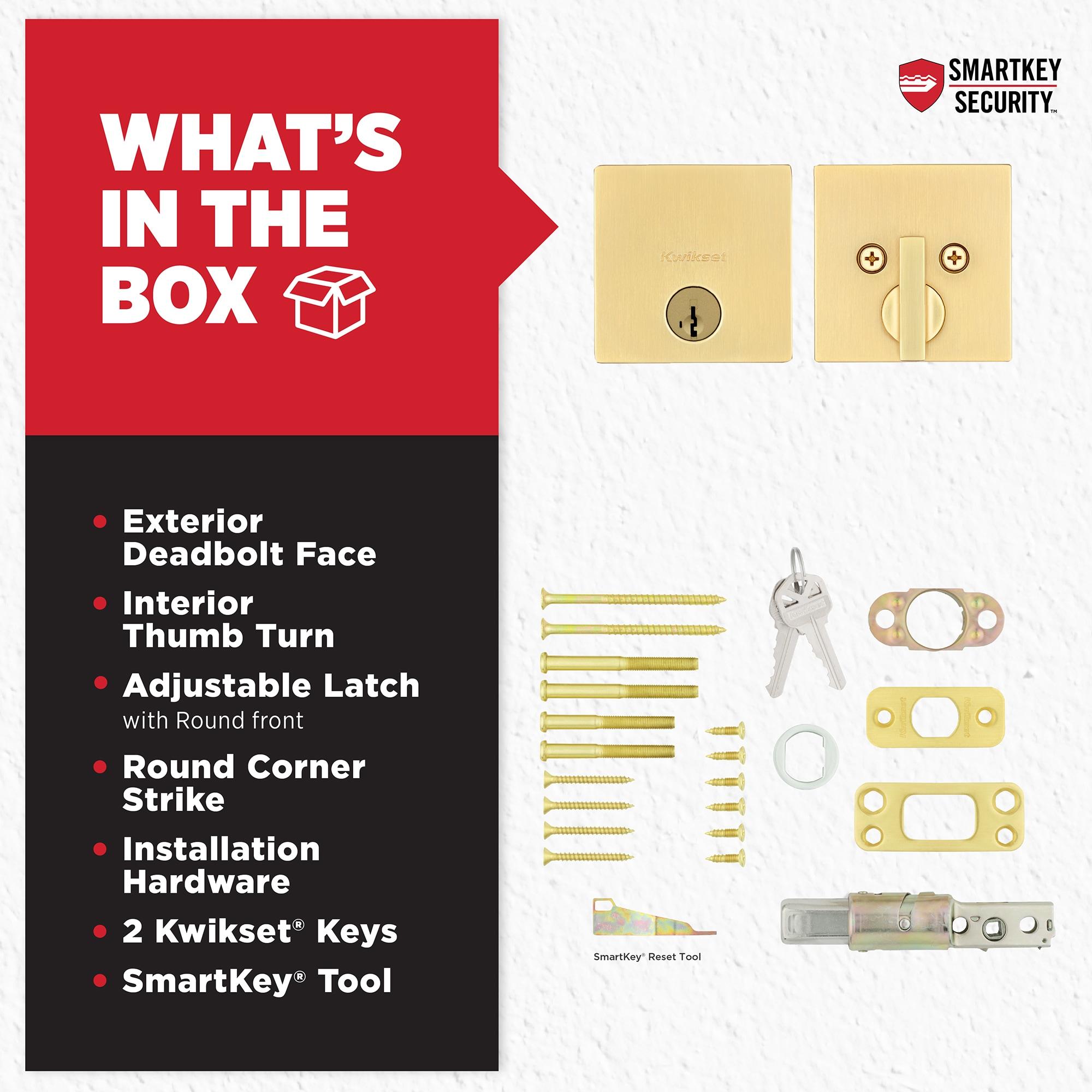 Kwikset Downtown Deadbolt Lock, Satin Brass Square Exterior Keyed Front Entry Door, Pick Resistant SmartKey Rekey Security, Single Cylinder Dead Bolt, with Microban Protection