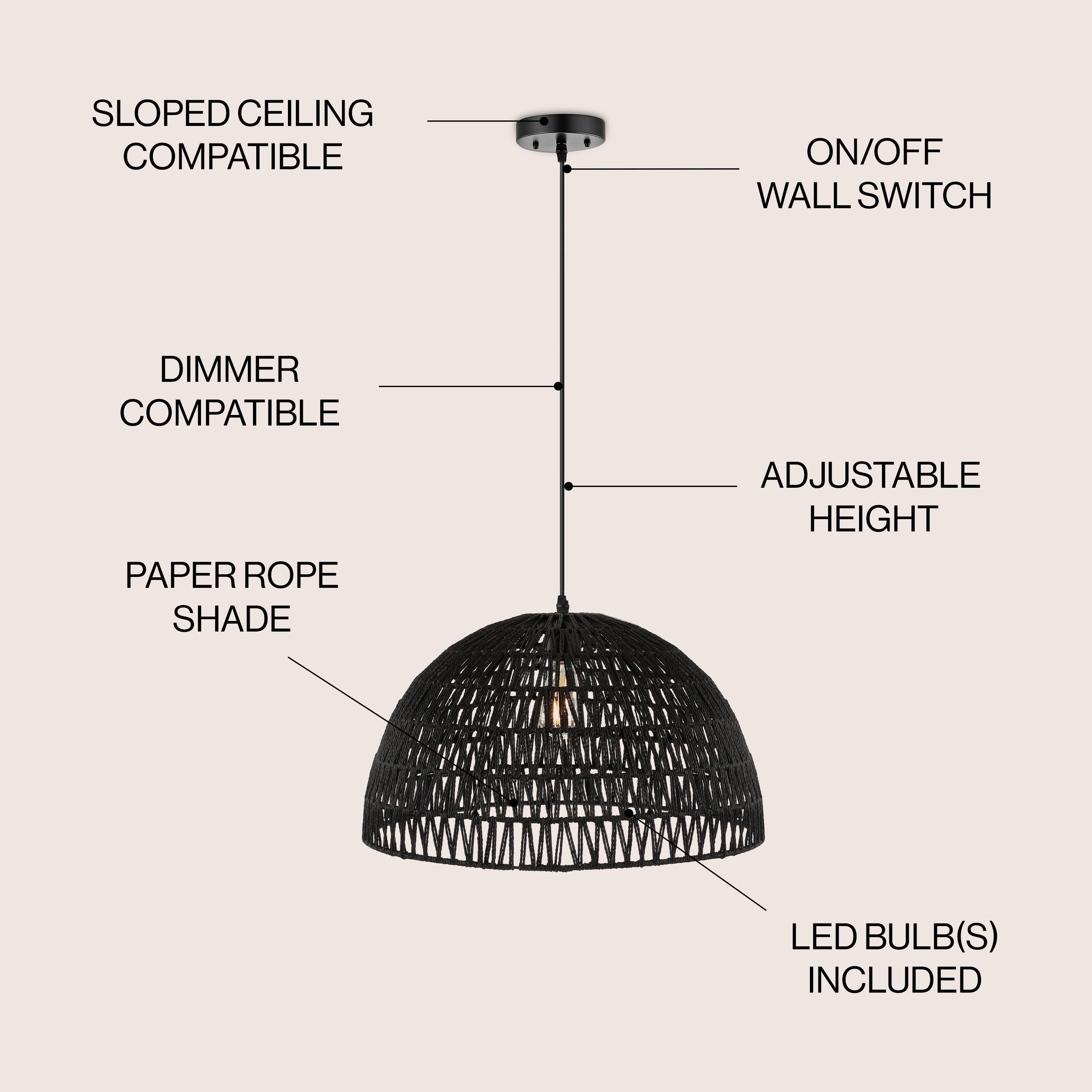 Campana 20" 1-Light Bohemian Modern Woven Rope/Iron LED Pendant, Black