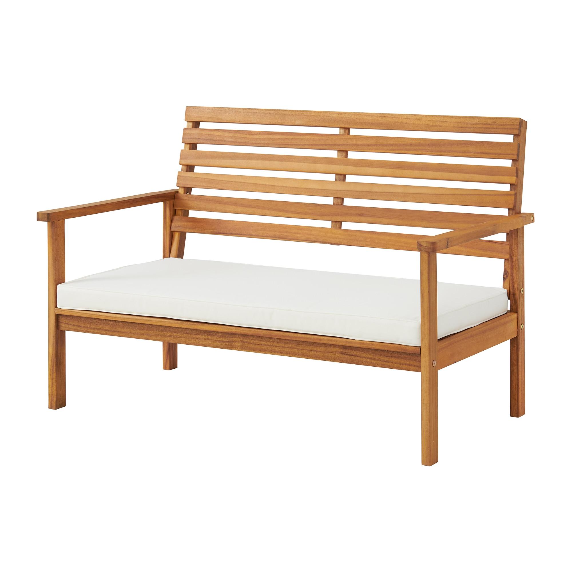 Outdoor Acacia Wood Bench With Cushion And 15" H Cocktail Table, Set Of 2