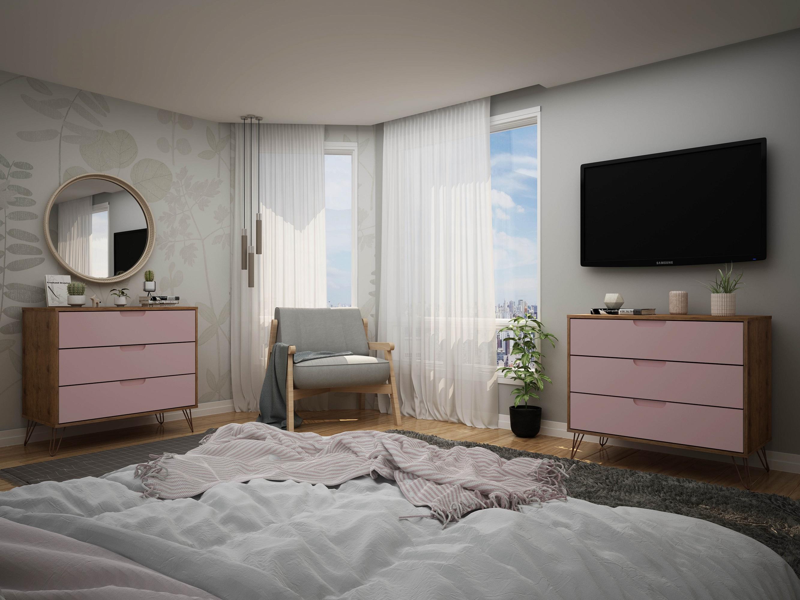 Set of 2 Rockefeller 3 Drawer Dresser Nature/Rose Pink - Manhattan Comfort: MDF Bedroom Storage, Easy-Glide, 6 Drawers