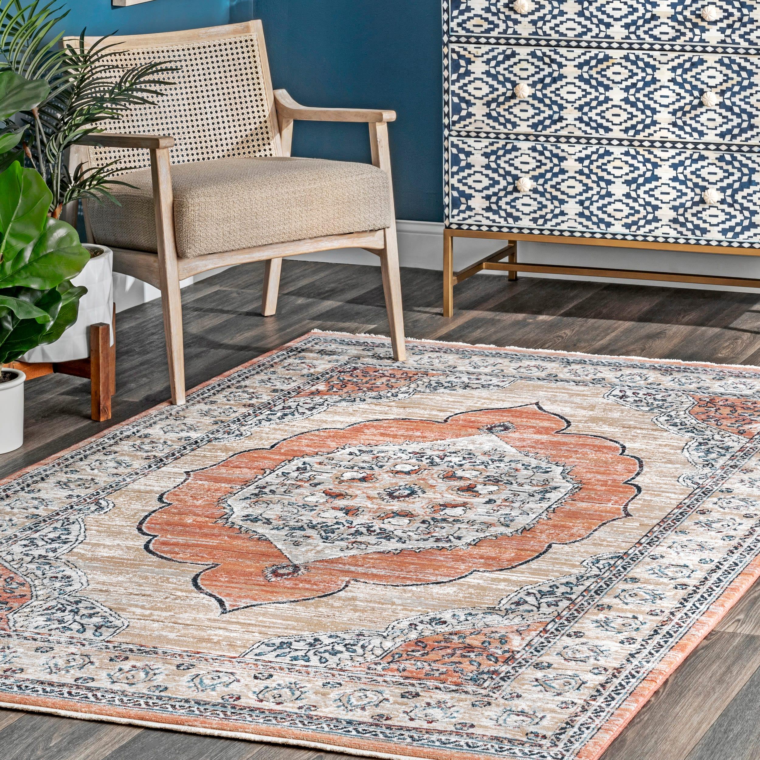 Beige and Orange Polypropylene Medallion Area Rug, 4' x 6'