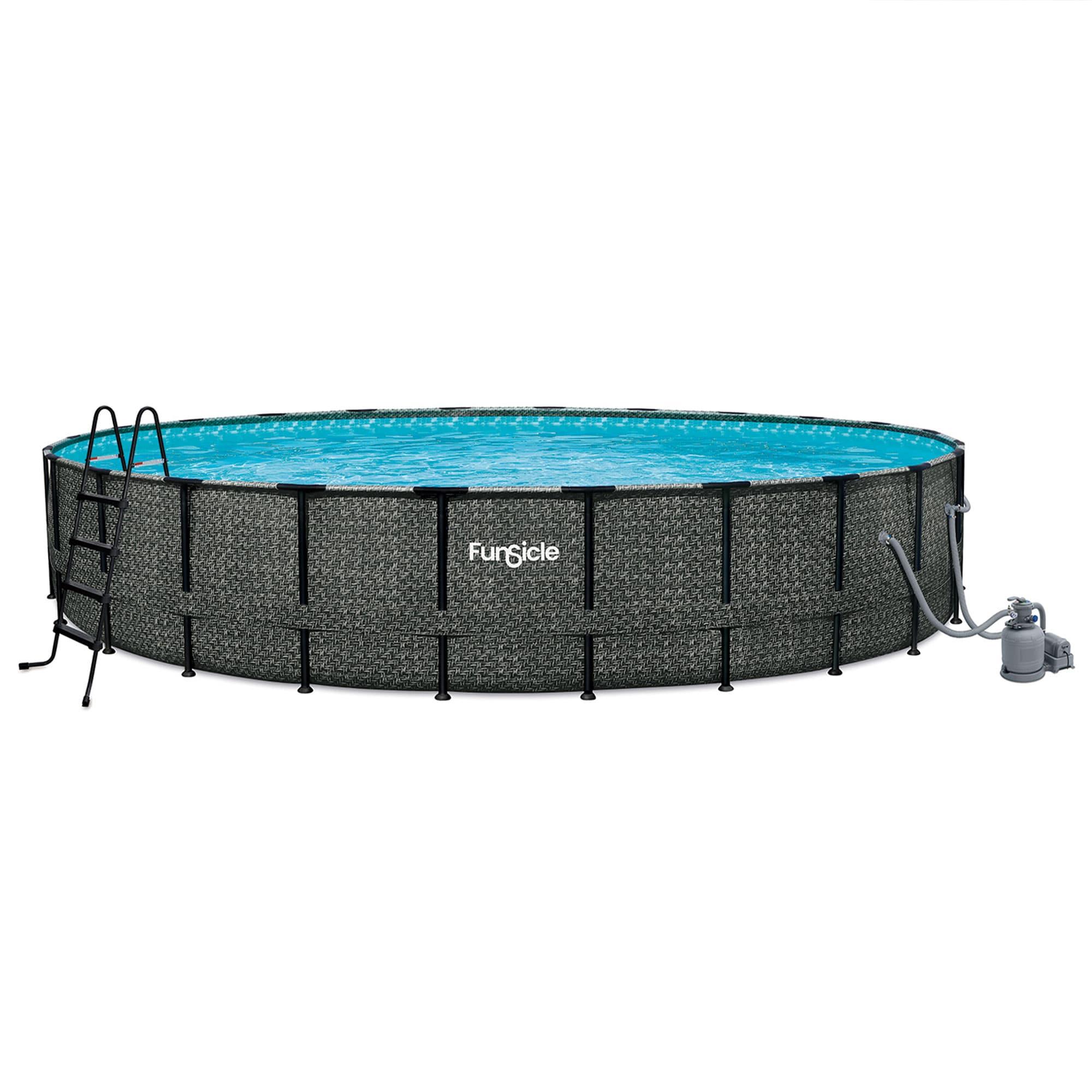 Funsicle 24 Feet by 52 Inches Oasis Designer Round Frame Above Ground Swimming Pool with SkimmerPlus Filter Pump and Cover, Dark Herringbone Pattern