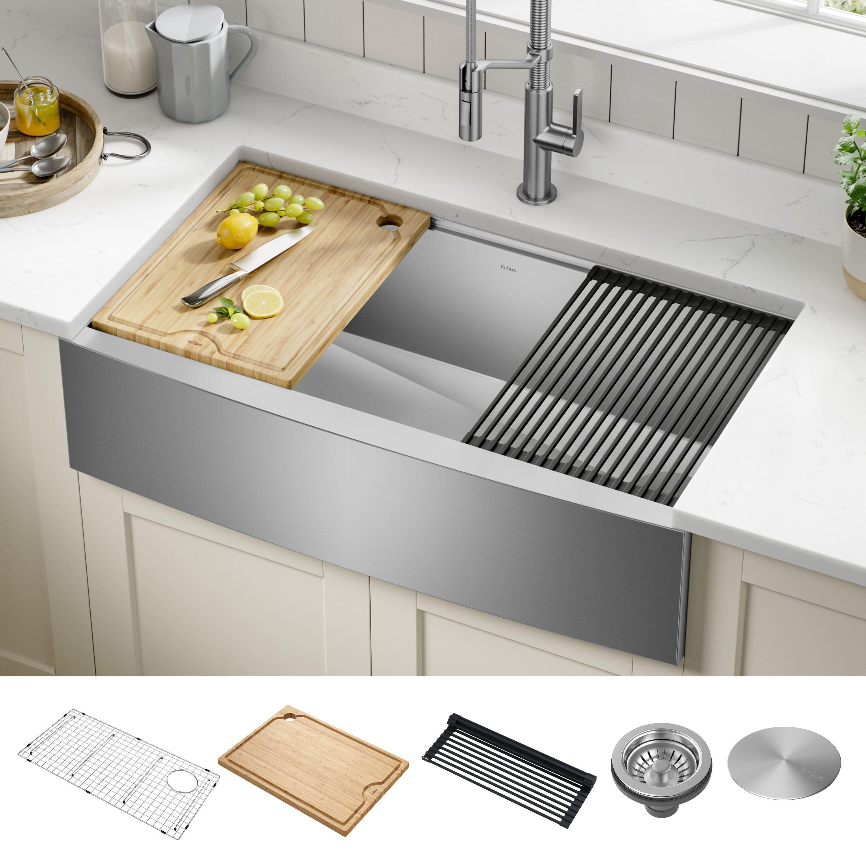 KRAUS Kore™ Workstation 36-inch L 16 Gauge Stainless Steel Single Bowl Farmhouse Kitchen Sink with Accessories