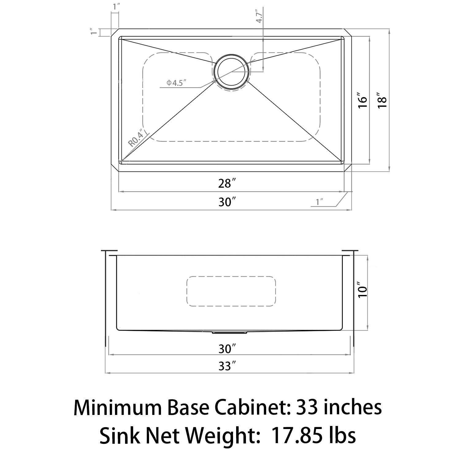 Sinber 30" x 18" Undermount Single Bowl Kitchen Sink with 18 Gauge 304 Stainless Steel Satin Finish