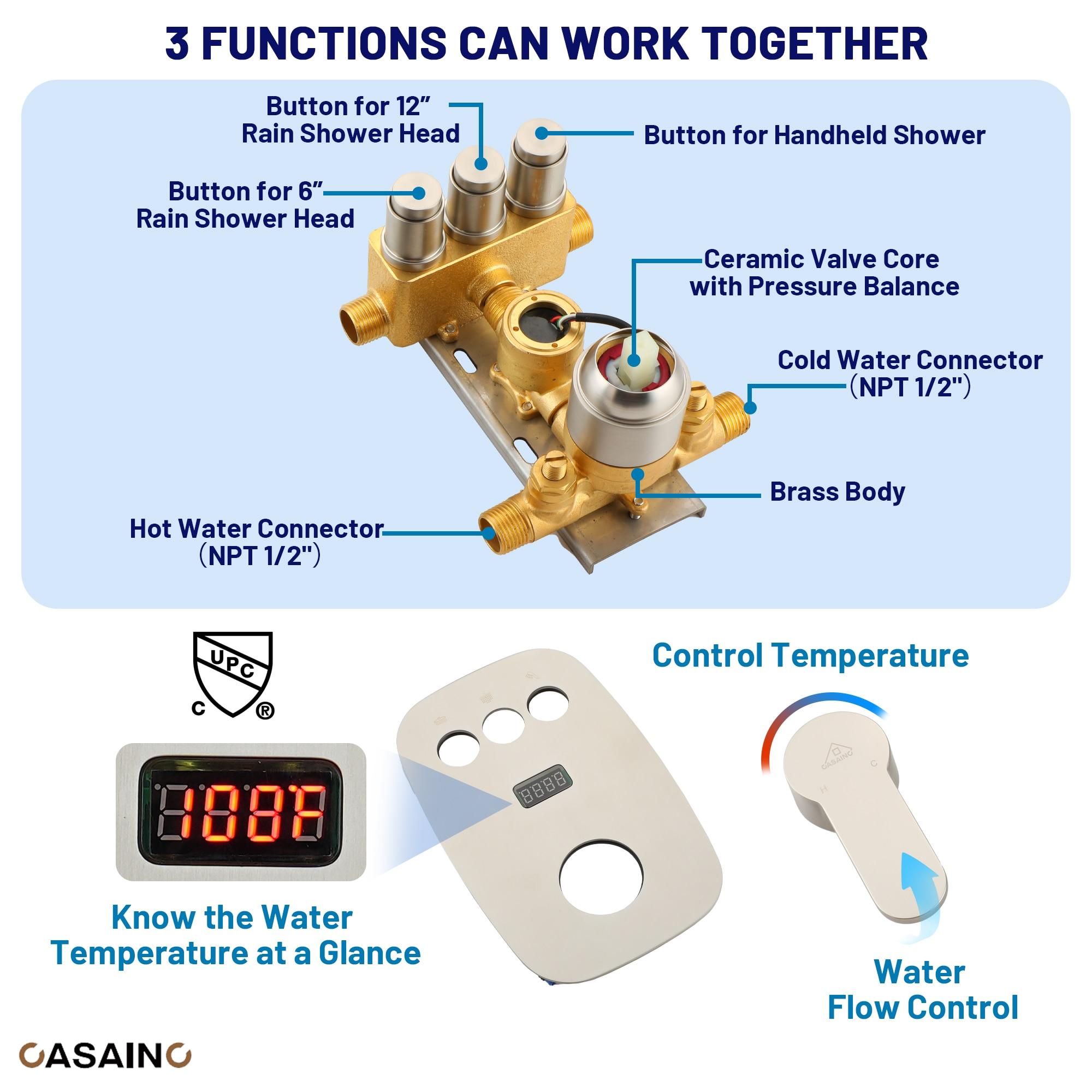 CASAINC BR01008SX12BN Rainfall Symphony 12inch Dual Showerhead Temperature Display Shower System with 2 in 1 Slider Bar Shower Handheld