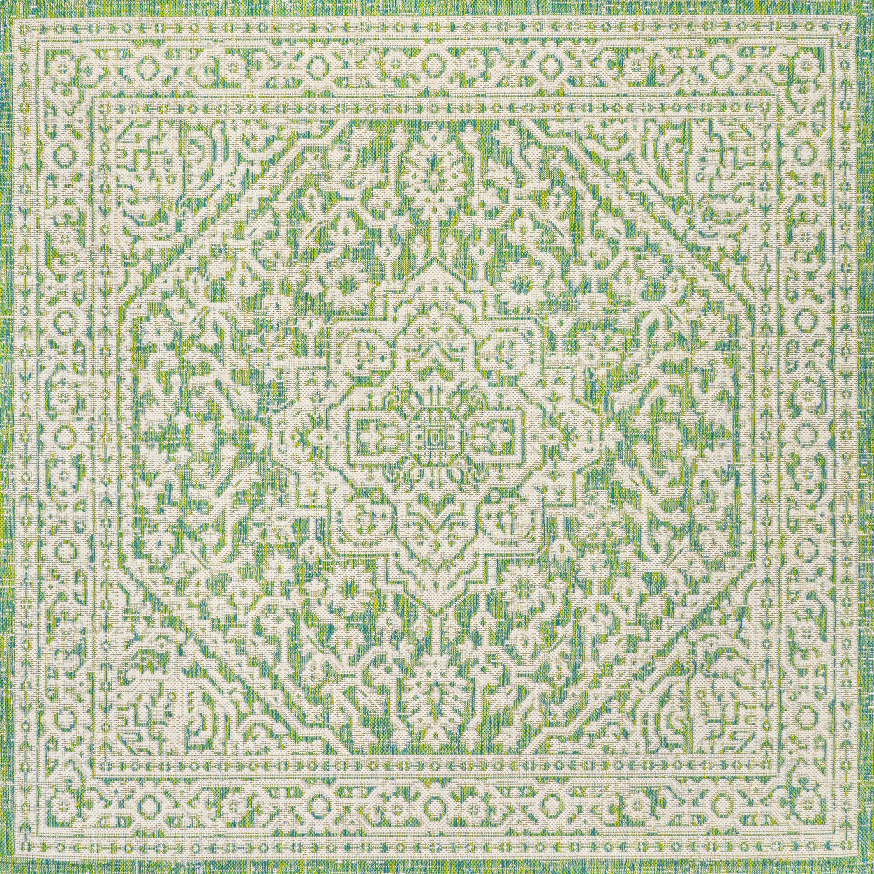 5' x 5' Sinjuri Medallion Textured Weave Indoor/Outdoor Area Rug, Cream/Green - JONATHAN Y