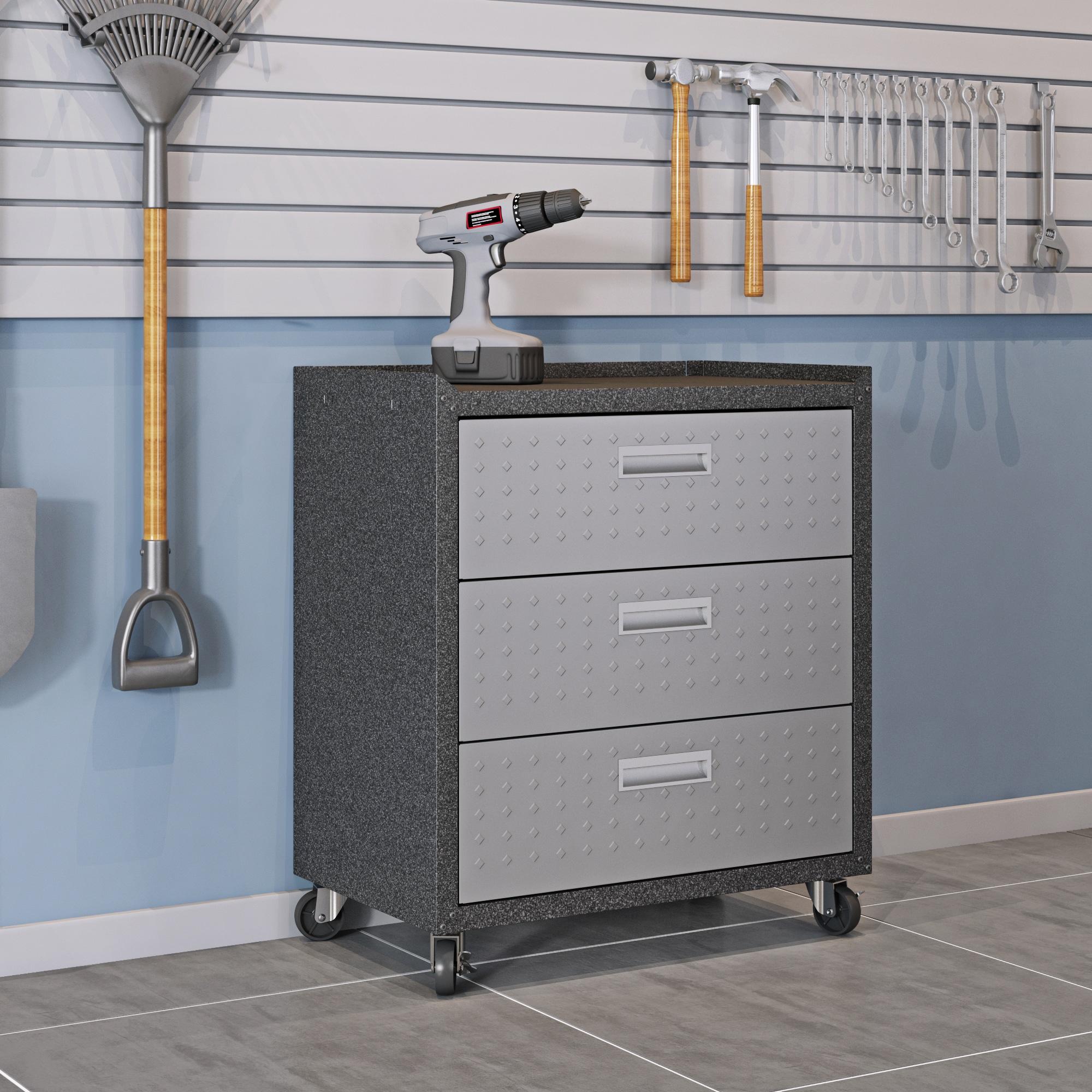 Fortress Textured Metal 31.5" Garage Mobile Chest with 3 Full Extension Drawers in Grey