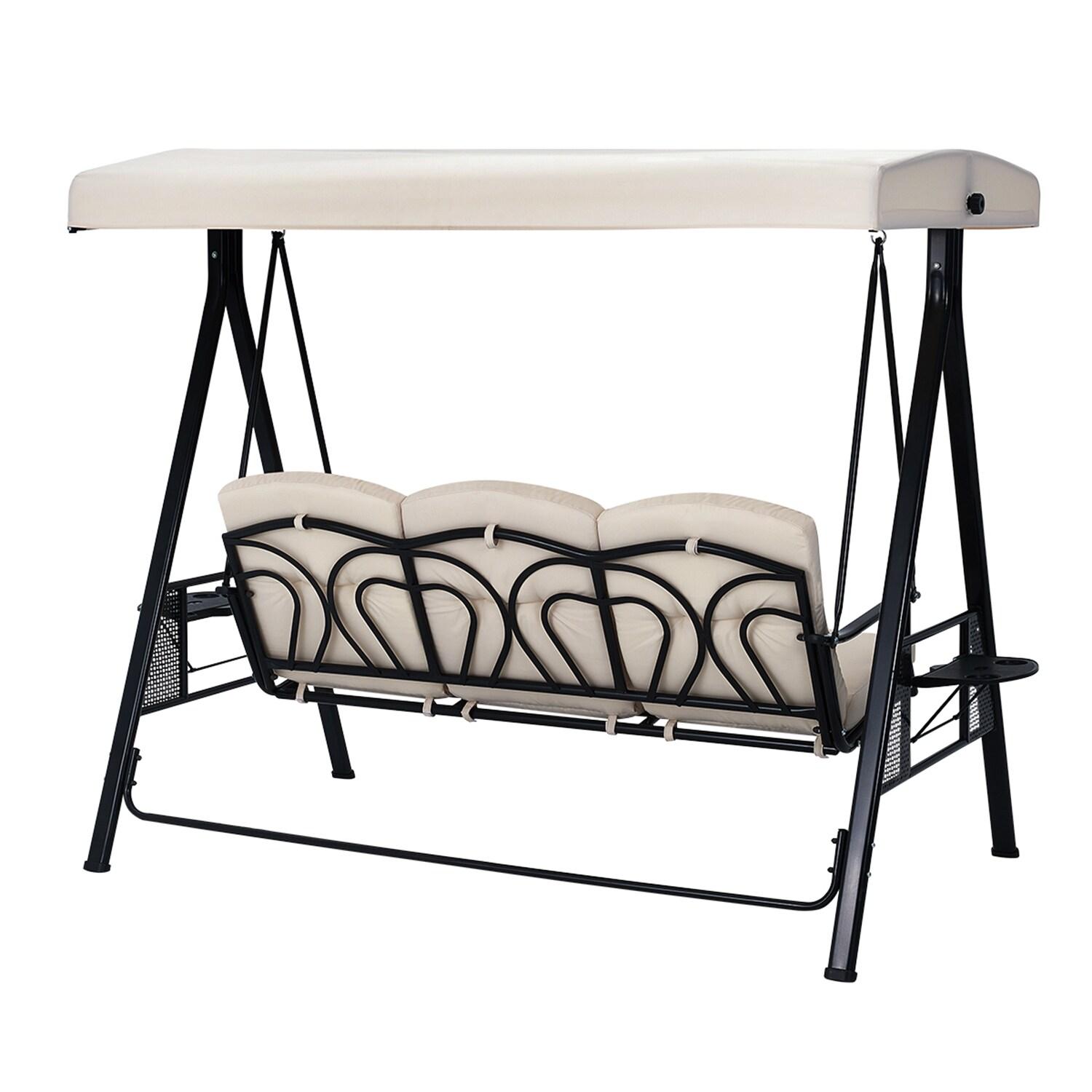 Outsunny 3-Seat Outdoor Patio Swing with Adjustable Tilt Canopy, Cushions, Pillow, Steel Frame, Side Tray, Cup Holder, Beige