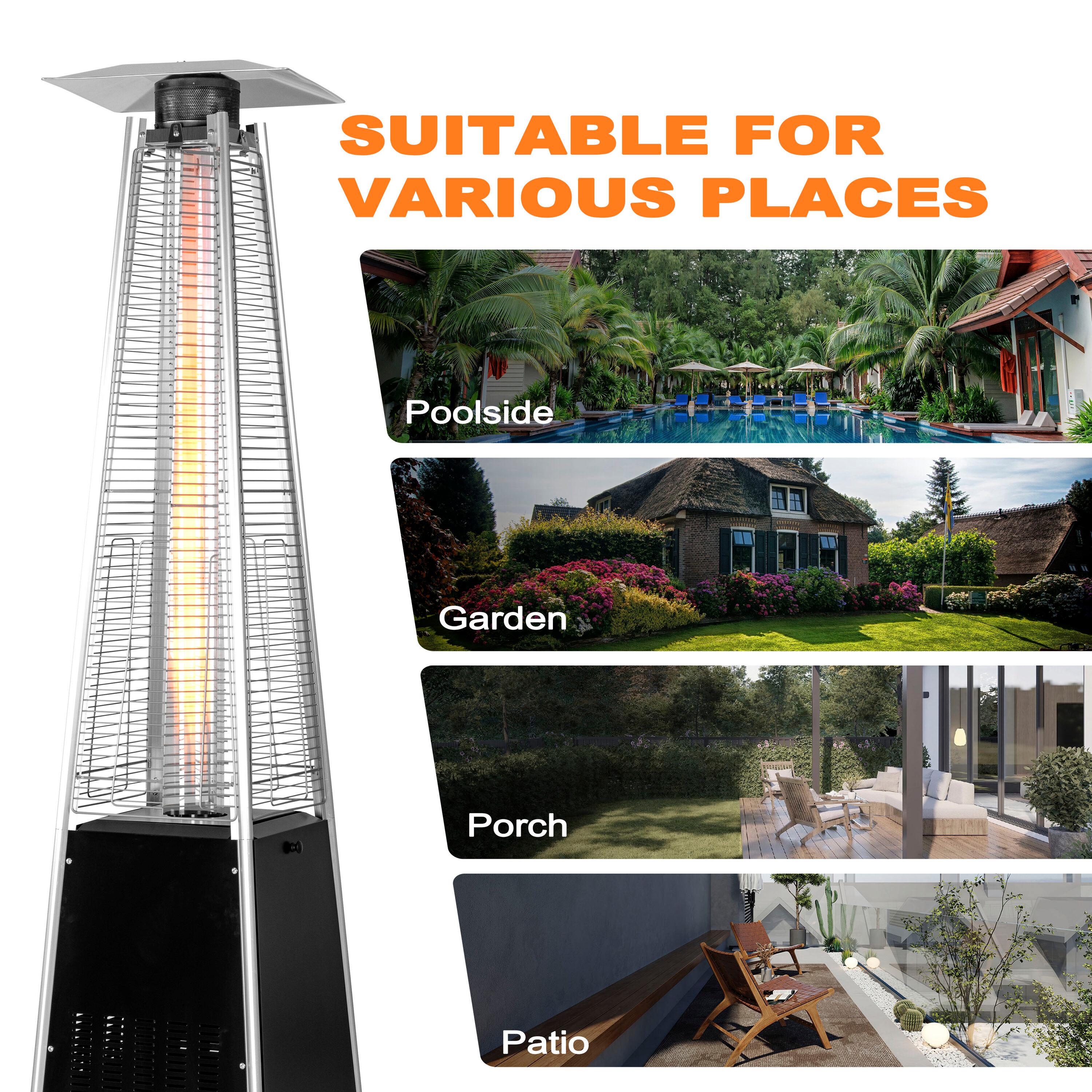 Nuu Garden Outdoor 48,000 BTU Pyramid Patio Heater with Wheels,Propane Flame Gas Patio Heater with Quartz Glass Tube for Party, Deck,Black