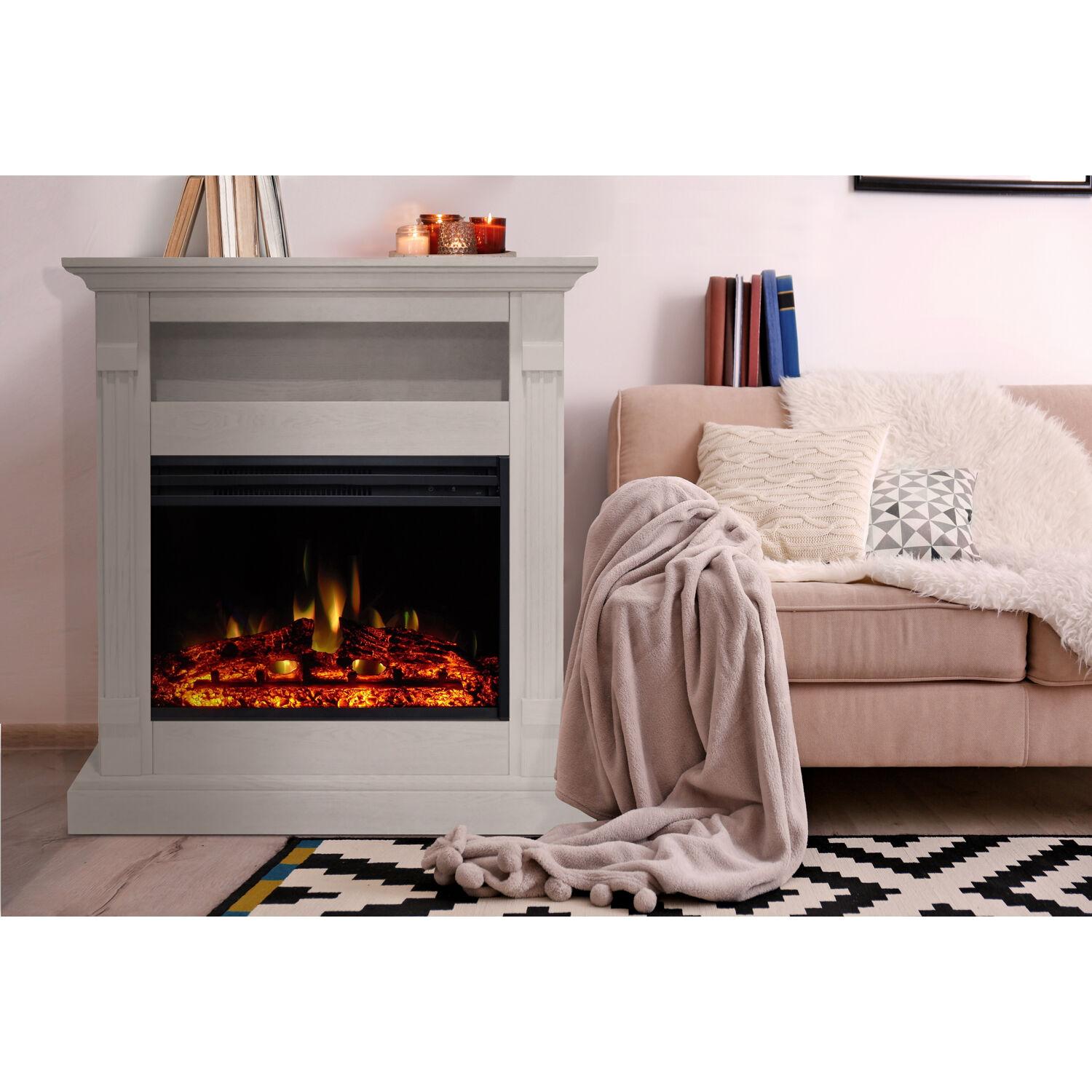 Cambridge Sienna 34'' Freestanding Electric Fireplace with Remote| Multi-Color Flame| Log Insert | White Mantel | For Rooms up to 210 Sq.Ft. | Adjustable Heat Settings | Timer