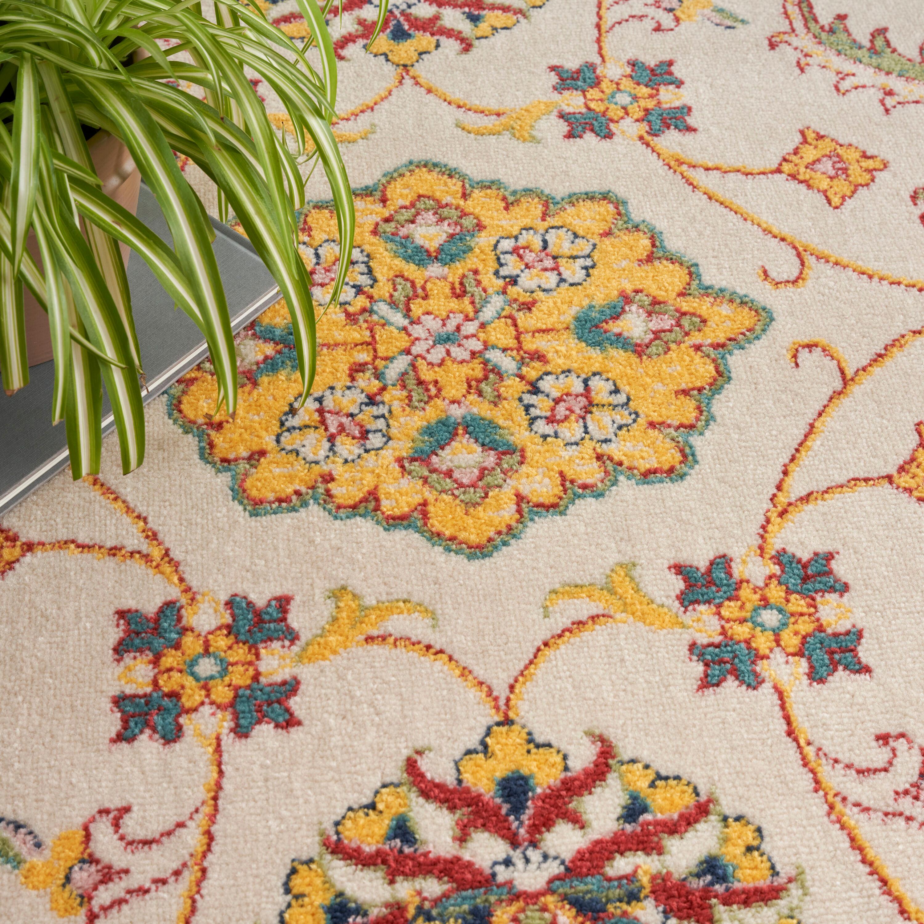 Nourison Essentials Floral Persian Indoor Outdoor Rug Ivory Gold 2'2" x 7'6"