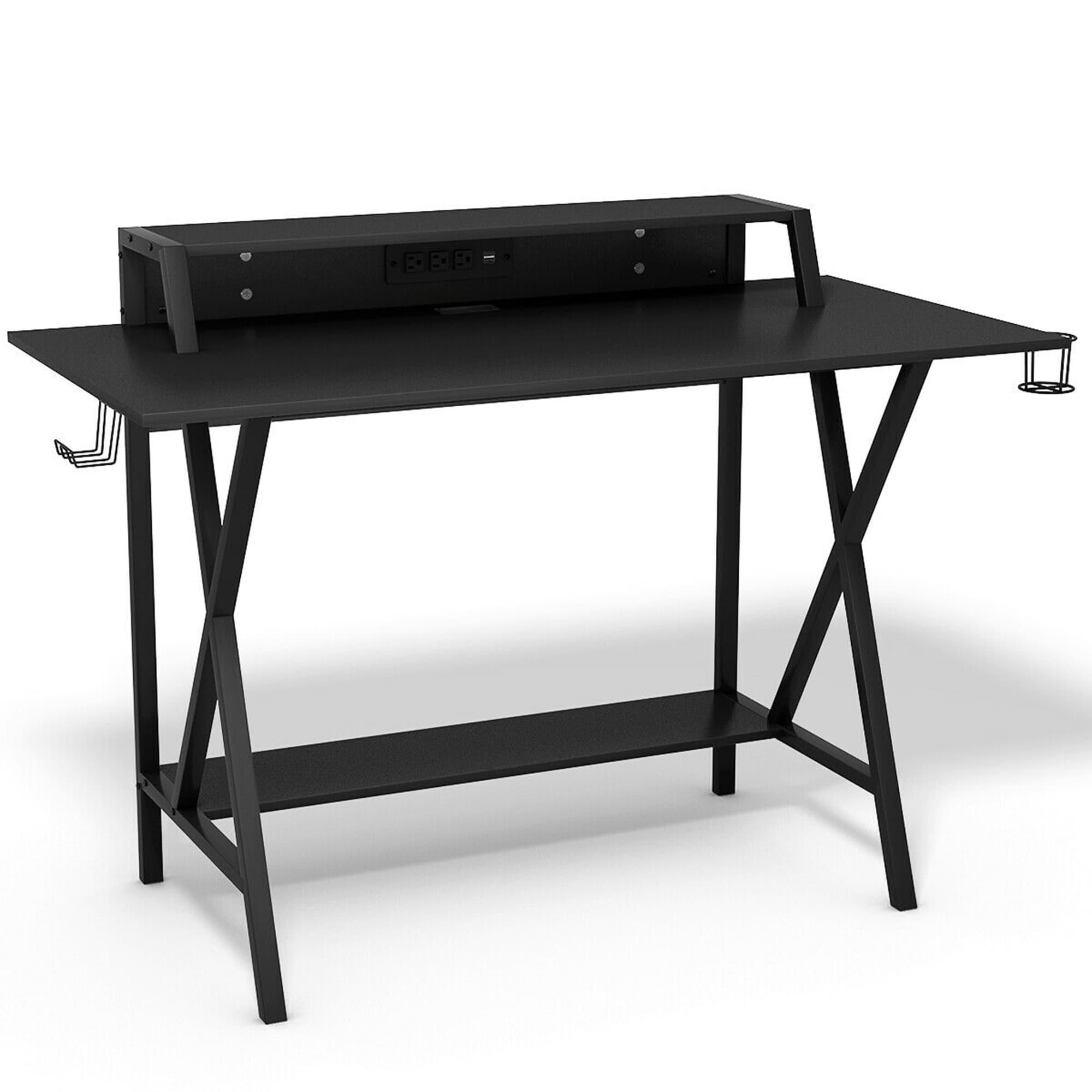 Ultimate Black Gaming Desk with Integrated Power and USB, Headphone Hook