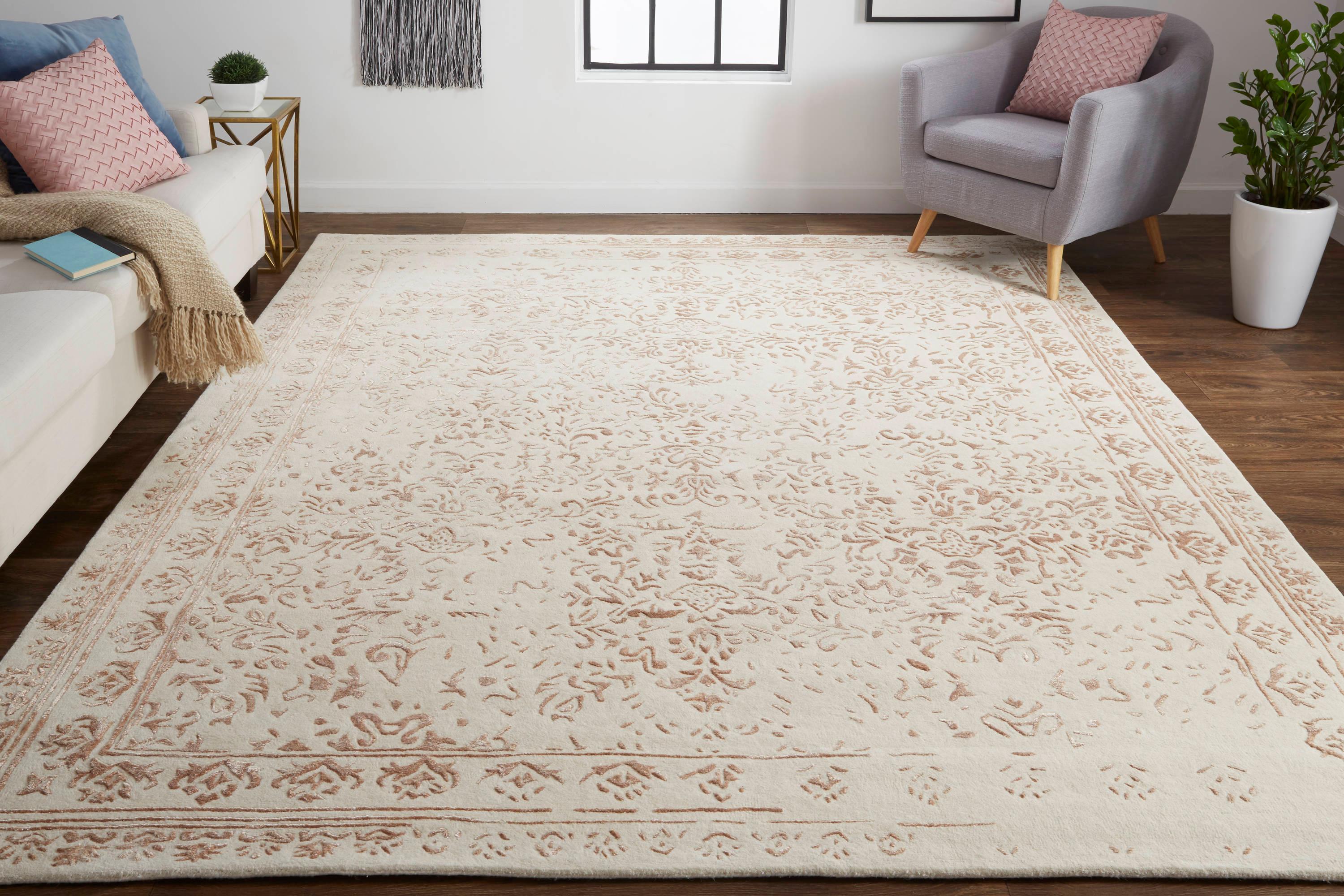 Feizy Bella Transitional Oriental, Ivory/Tan/Pink, 2' x 3' Accent Rug Handmade Sheen Bohemian & Eclectic Bordered Design Carpet for Living Dining Bed Room