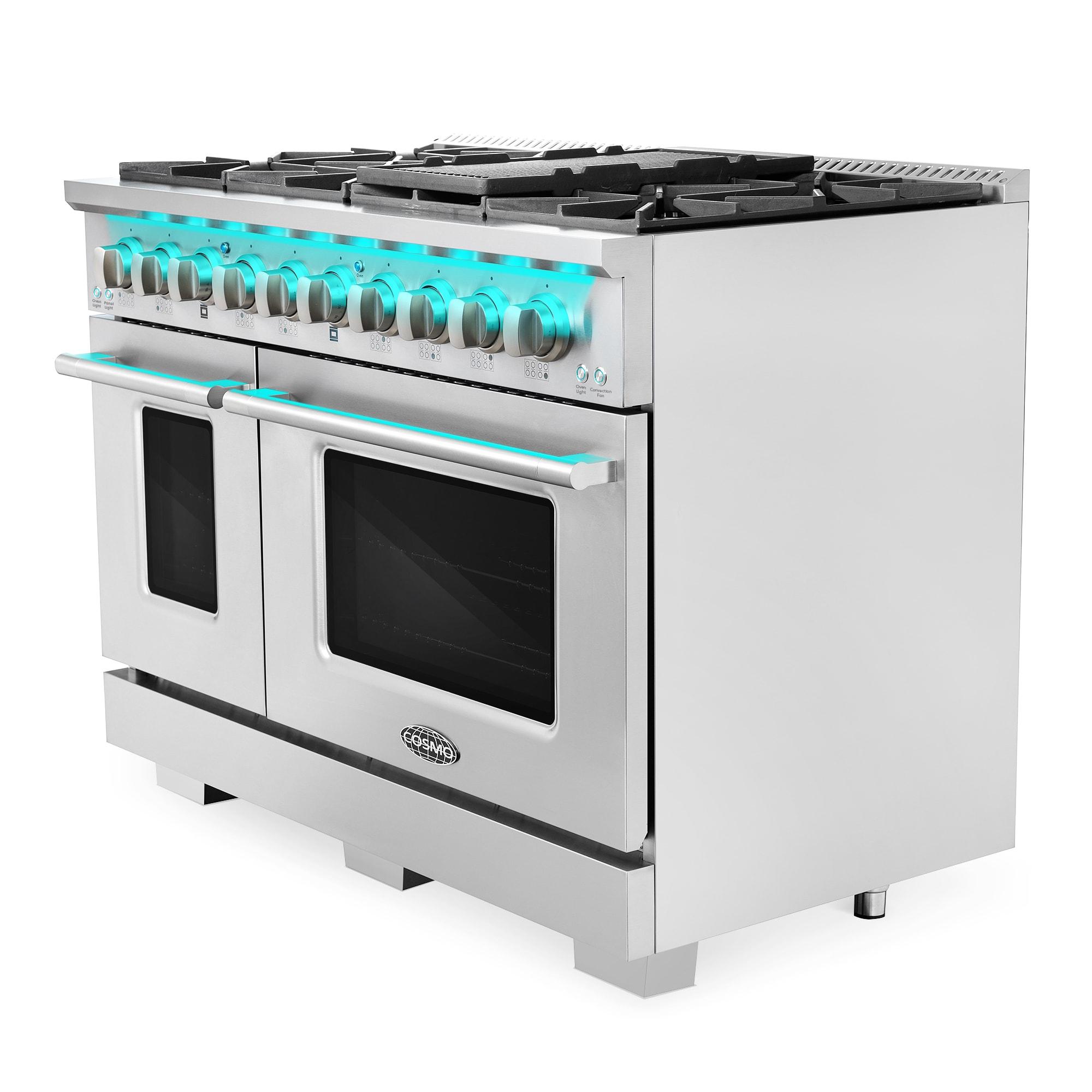 Cosmo 48 in. Vista Collection 5.5 cu. ft. Double Oven Gas Range, 8 Italian Burners, LED Panel, Cast Iron Grates, Stainless Steel