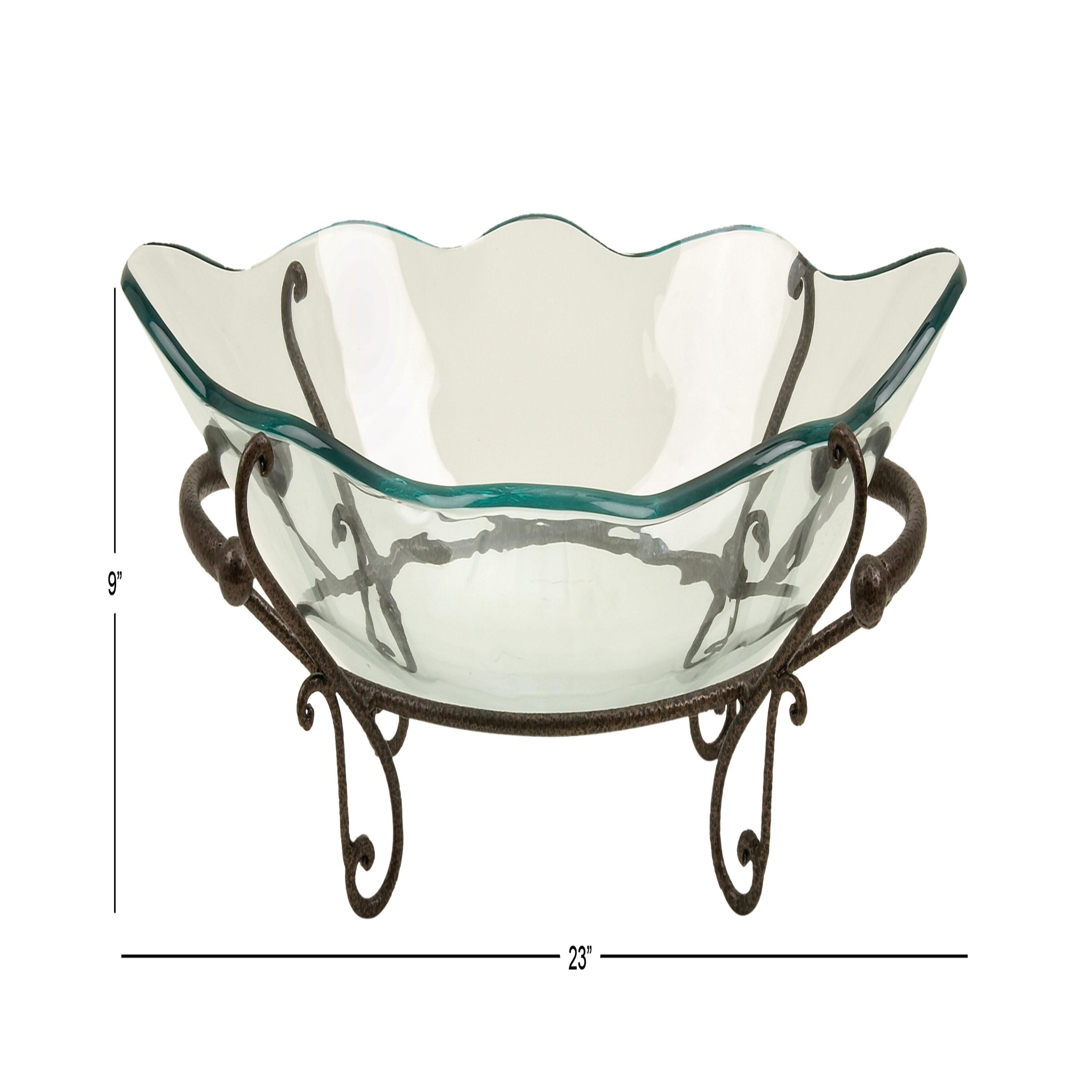 DecMode 23" x 9" Clear Tempered Glass Kitchen Serving Bowl with Brown Metal Scroll Base, 1-Piece