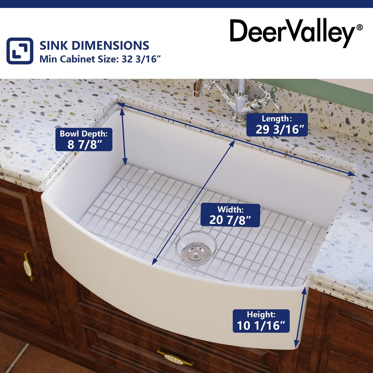 DeerValley Fireclay Single Basin Curved Farmhouse Kitchen Sink with Sink Grid and Basket Strainer