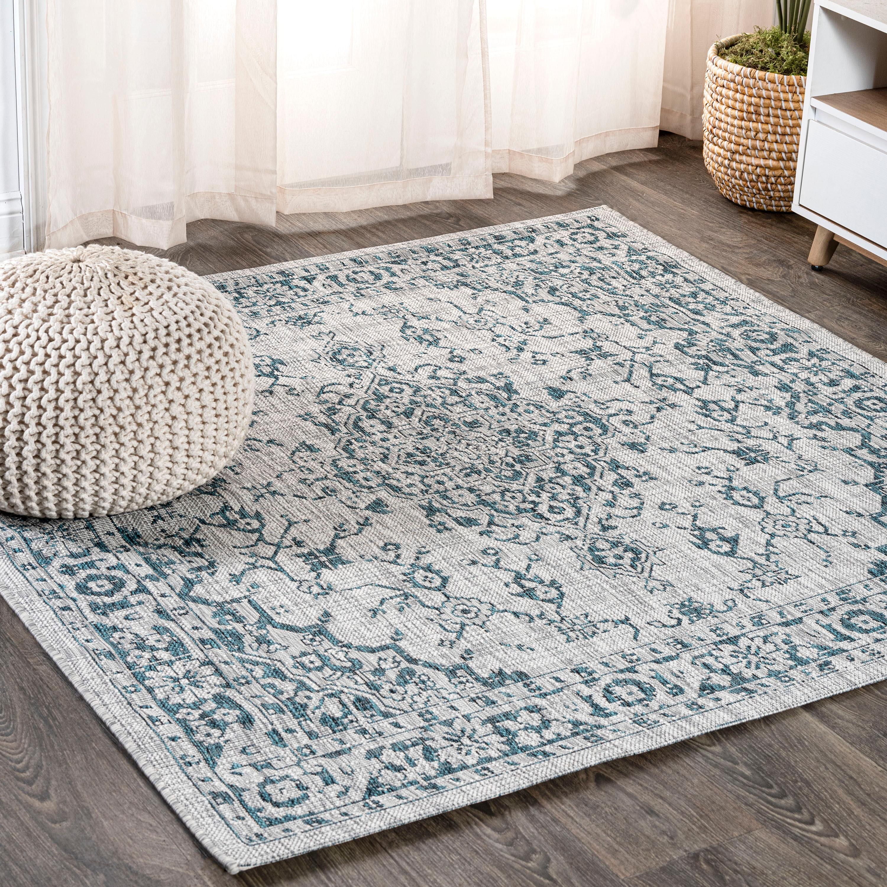 5' Square Rozetta Boho Medallion Textured Weave Indoor/Outdoor Area Rug, Gray/Teal - JONATHAN Y