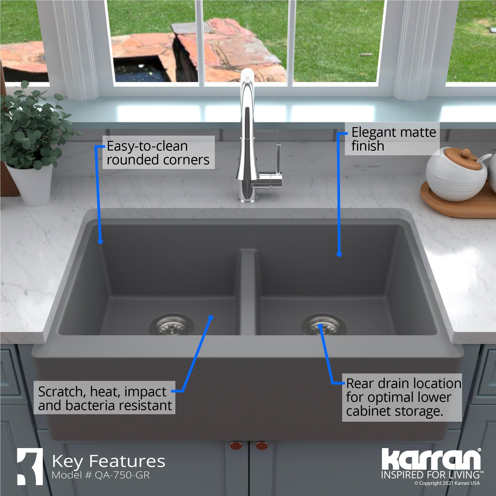 Karran Quartz 34'' X 21-1/4'' 50/50 Double Bowl Farmhouse/Apron Front Kitchen Sink Kit
