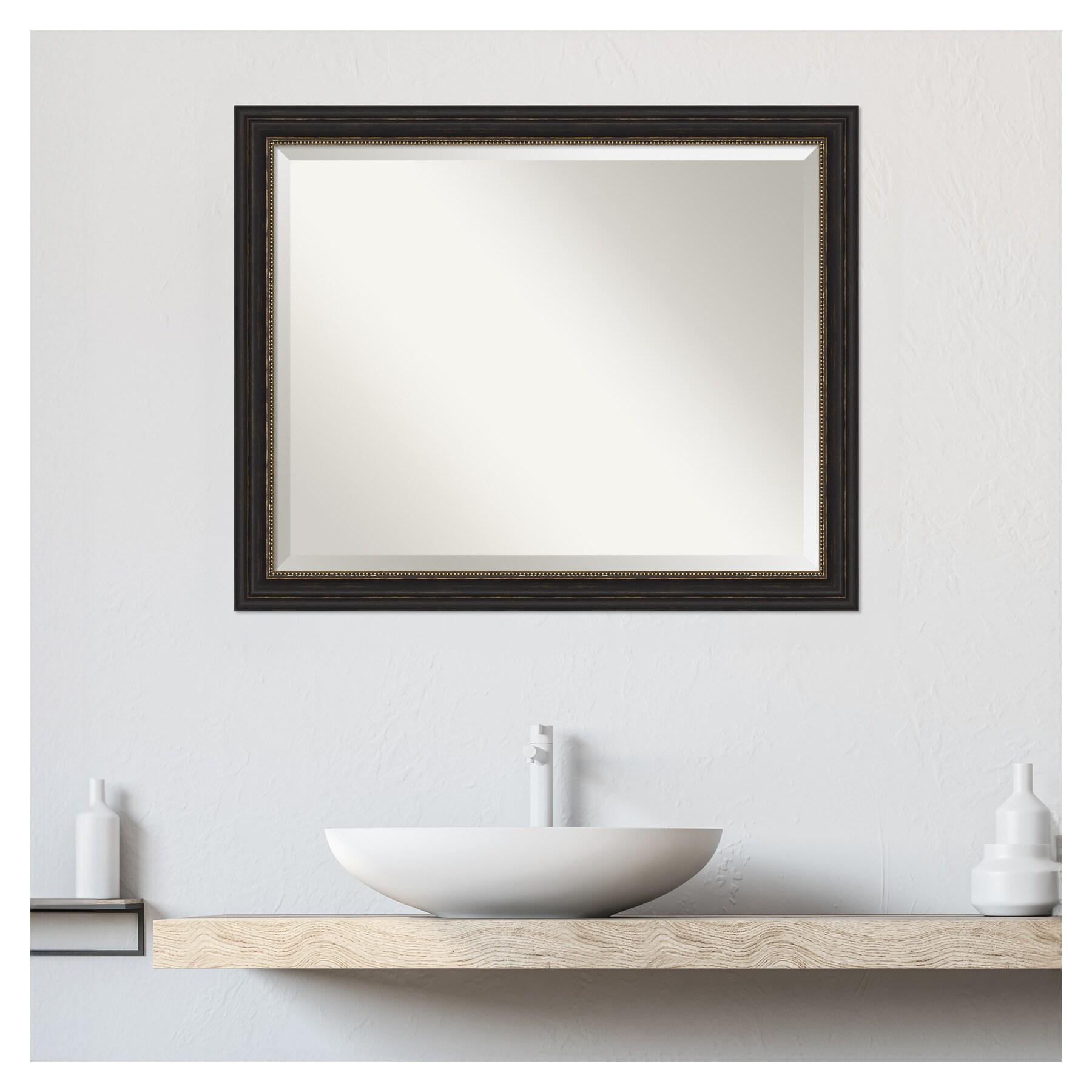 Amanti Art Beveled Bathroom Wall Mirror - Accent Bronze Narrow Frame Outer Size: 32 x 26 in