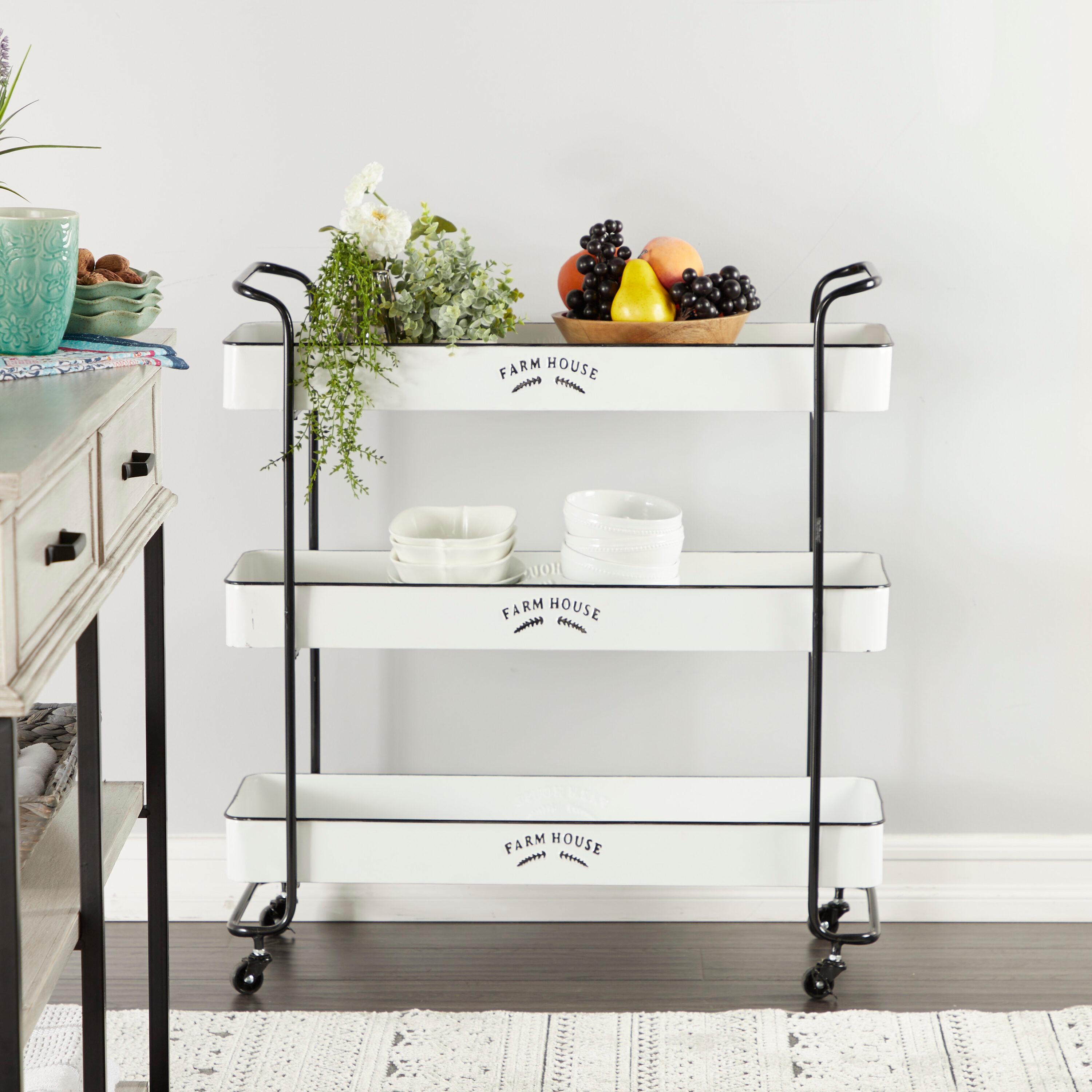 DecMode 32" x 35" White Metal Kitchen Rolling 3 Shelves Bar Cart with Black Accents and Farm House Design, 1-Piece