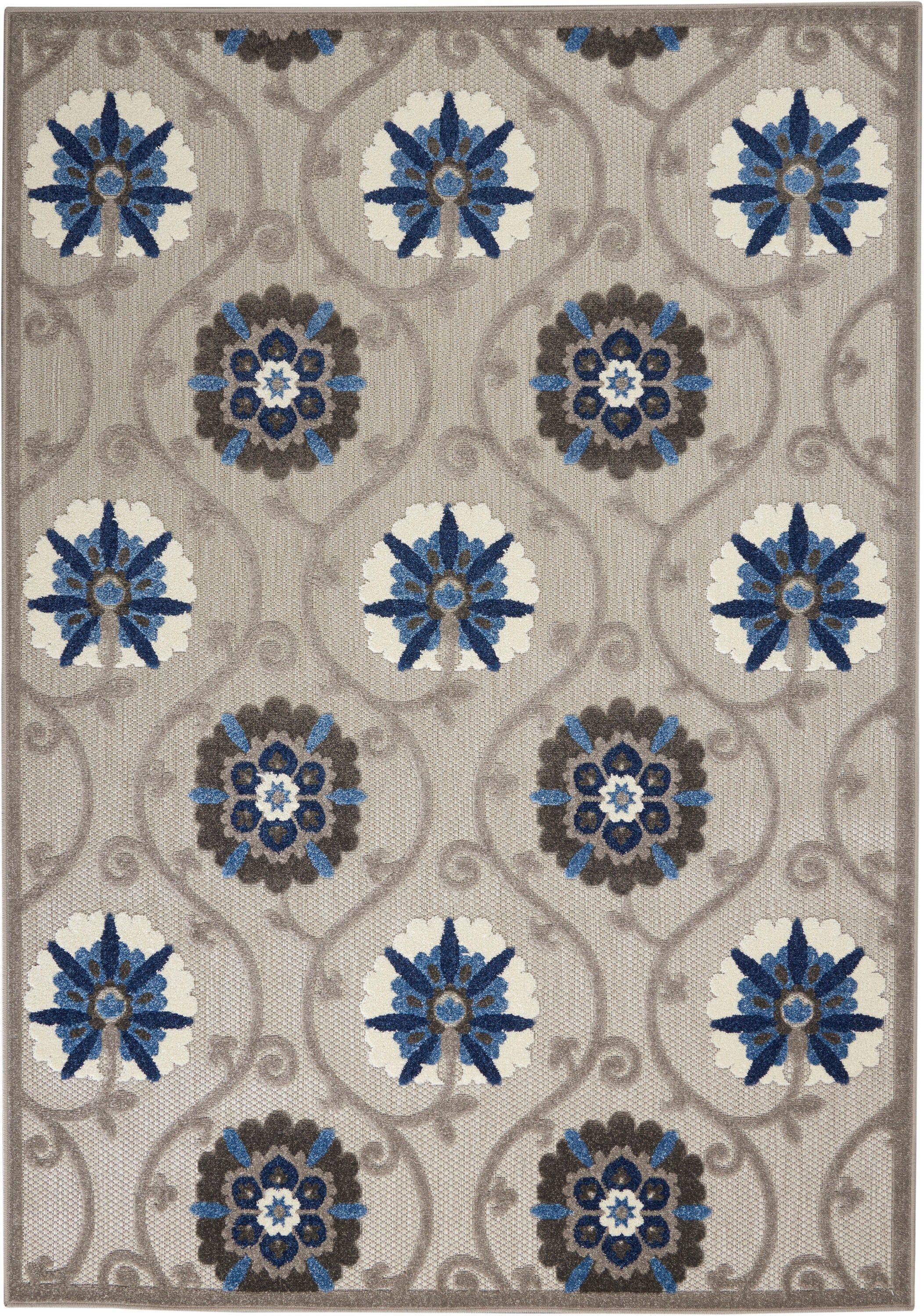 Nourison Aloha Contemporary Floral Flatweave High-Low Indoor Outdoor Area Rug Grey/Blue 3'6" x 5'6"