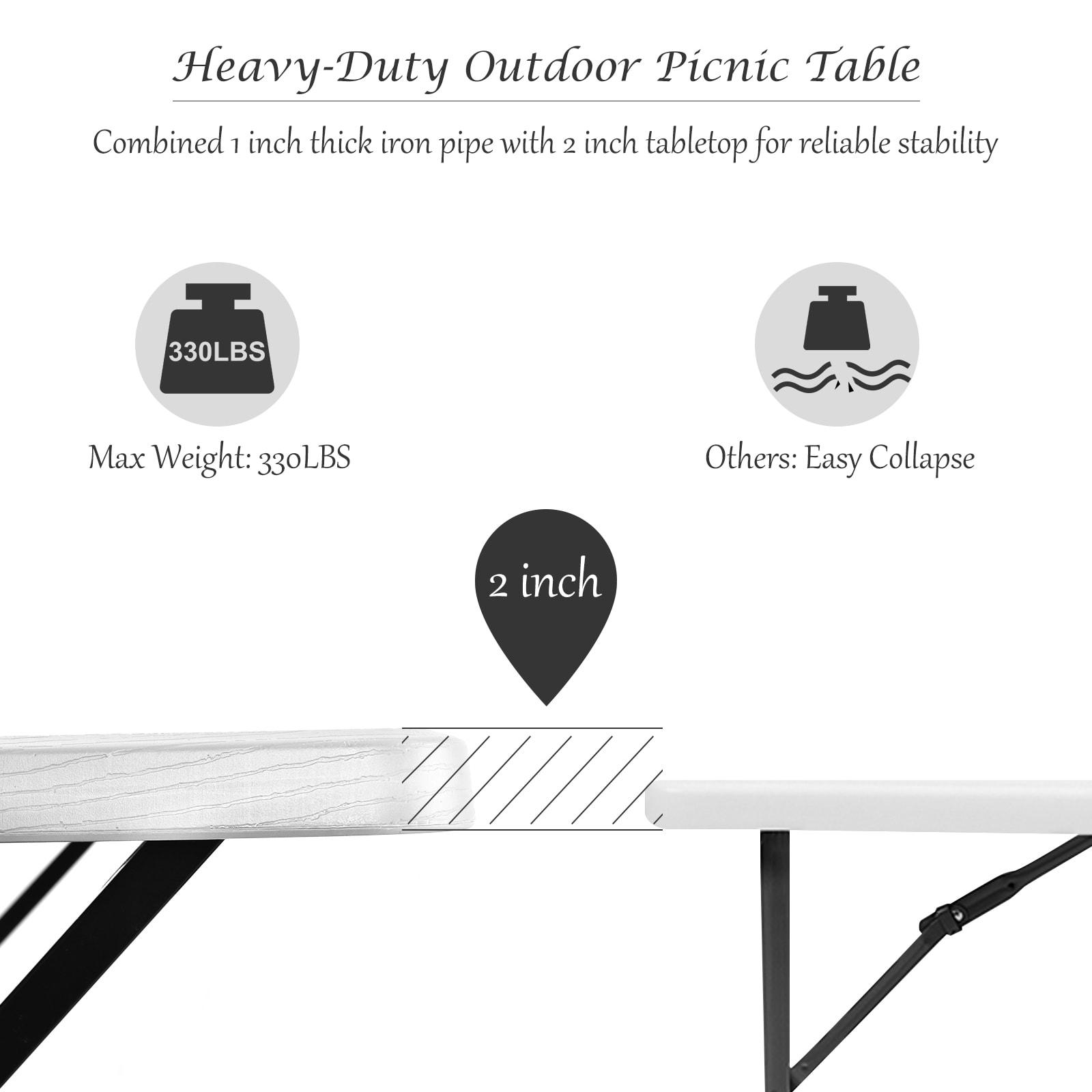 Tangkula Outdoor Picnic Table Bench Set Patio Camping Table w/Steel Frame & Wood Texture Tabletop for Garden White