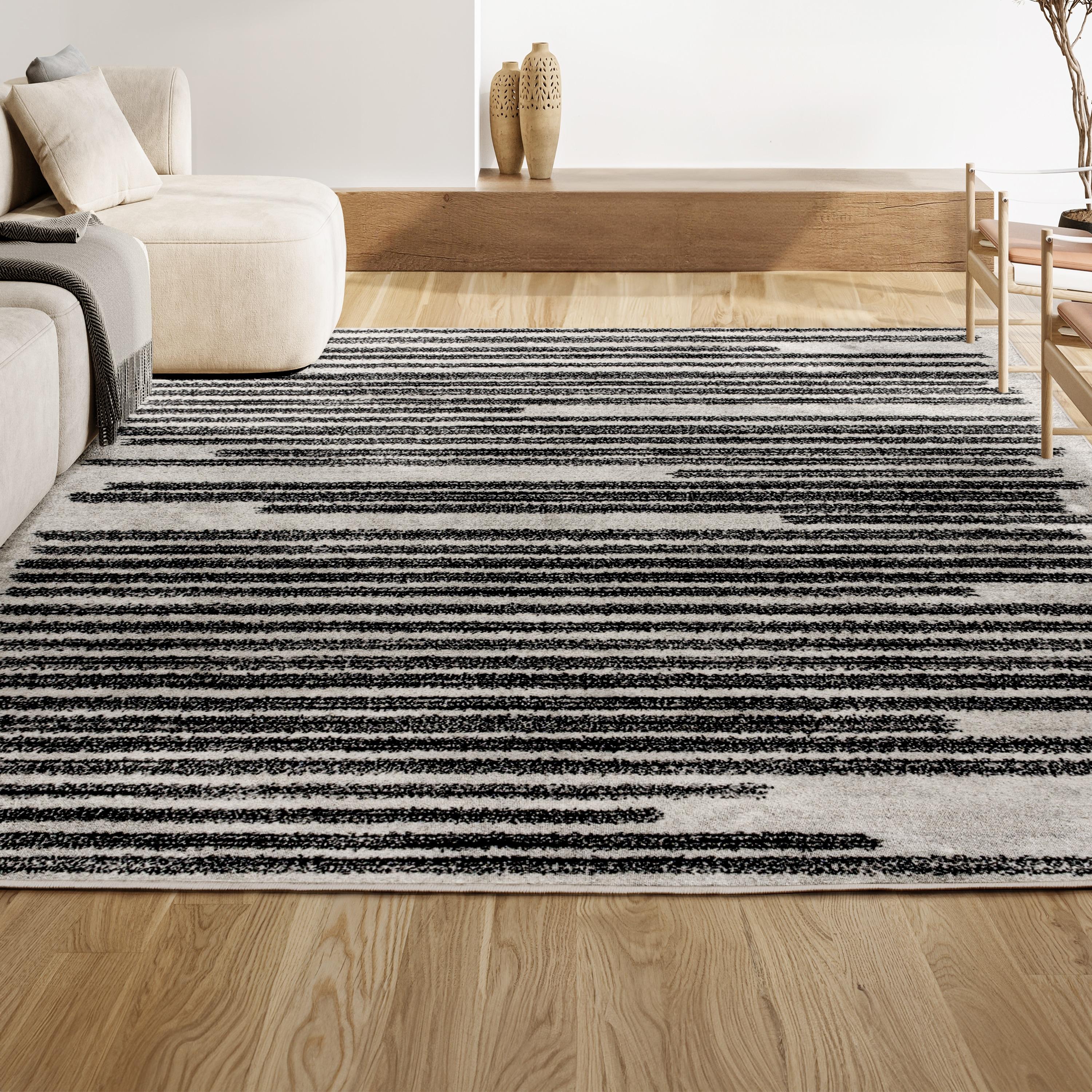 8'x10' Khalil Modern Berber Stripe Area Rug, Cream/Black - JONATHAN Y