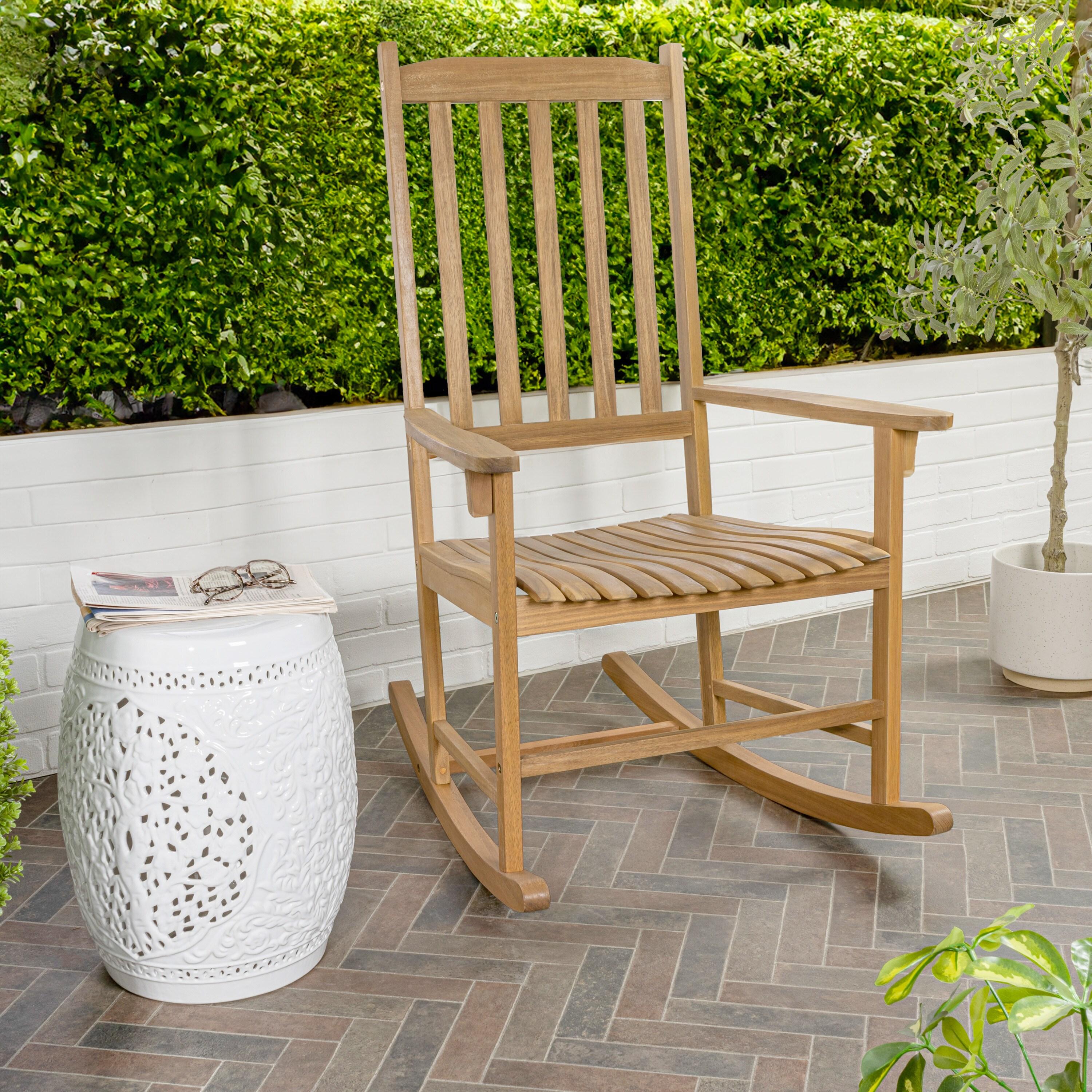 Seagrove Farmhouse Classic Slat-Back 350-LBS Support Acacia Wood Outdoor Rocking Chair, Teak Brown - JONATHAN Y