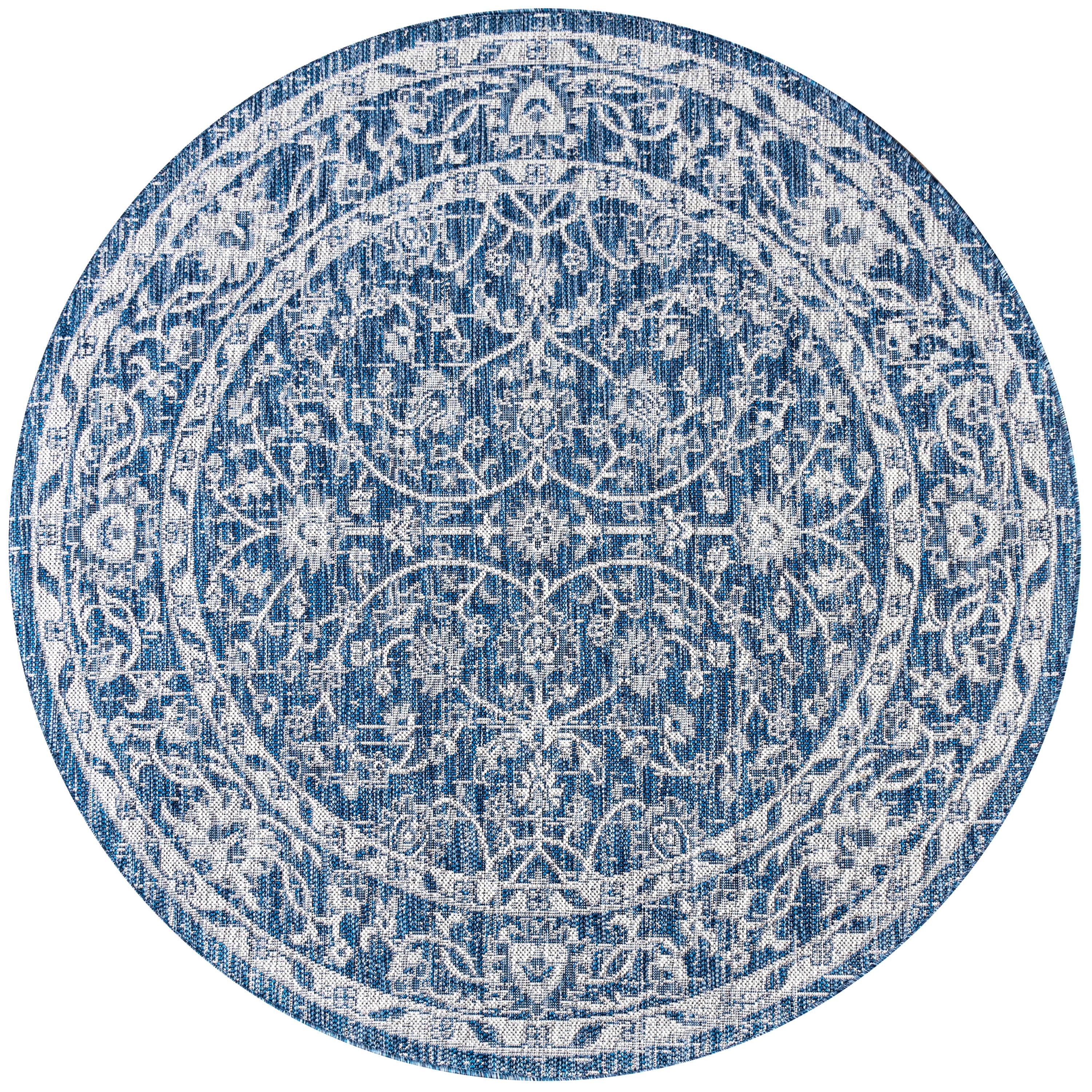 5' Round Palazzo Vine and Border Textured Weave Indoor/Outdoor Area Rug, Navy/Gray - JONATHAN Y