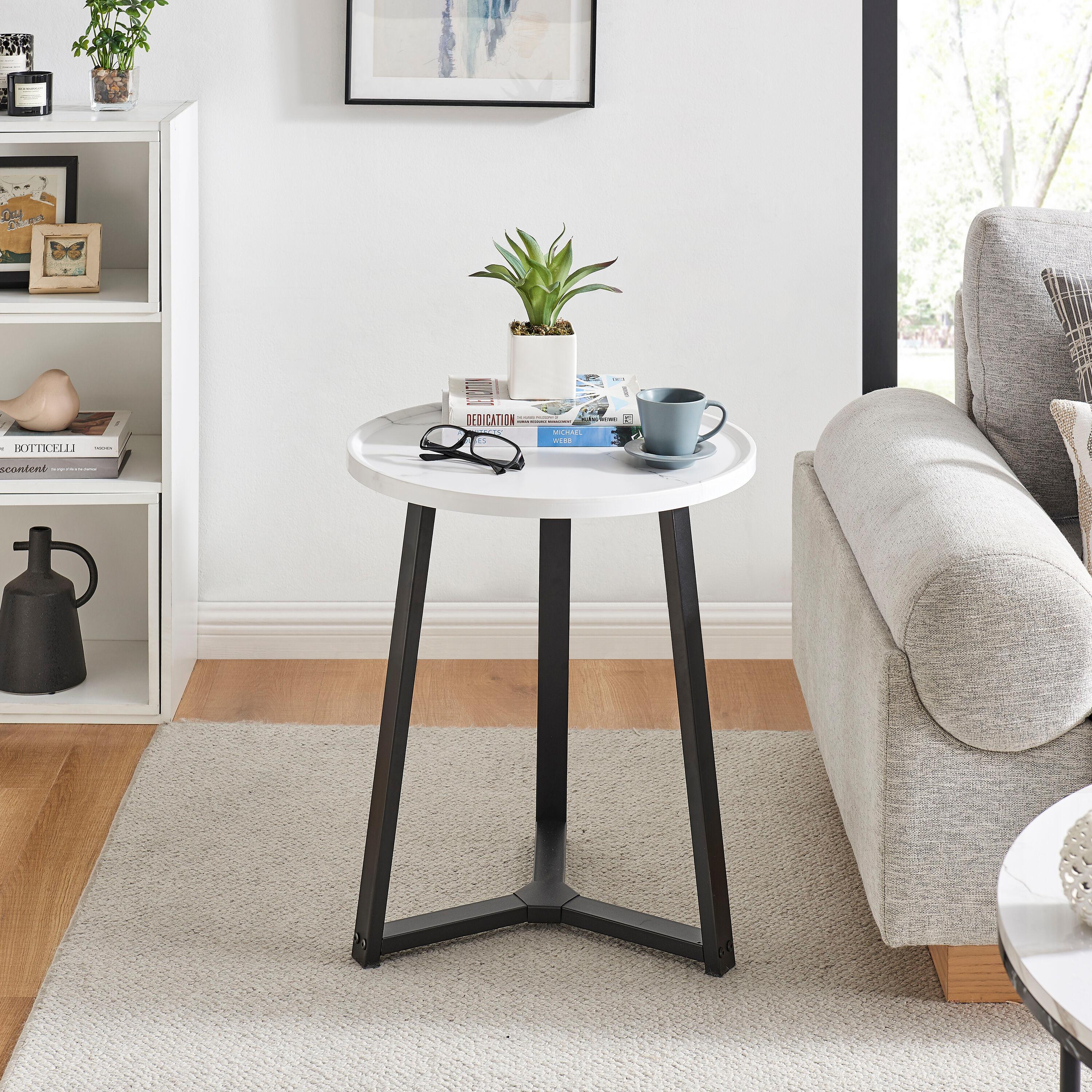 Danya B. 23.3"x19.7" Harper Round Mid-Century Side Accent Table with Modern Pedestal Legs White Marble/Black: Chic Furniture for Living Room