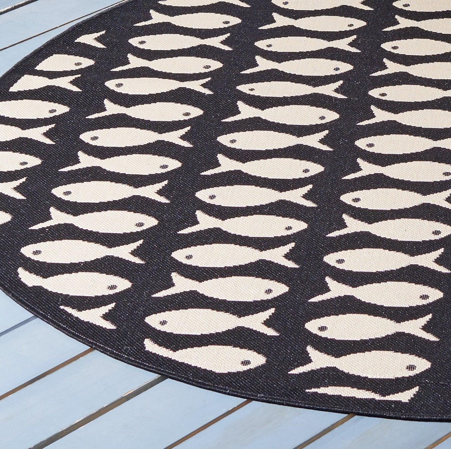 Courtyard CY6013 Power Loomed Indoor and Outdoor Area Rug - Black/Beige - 5'3" Round - Safavieh