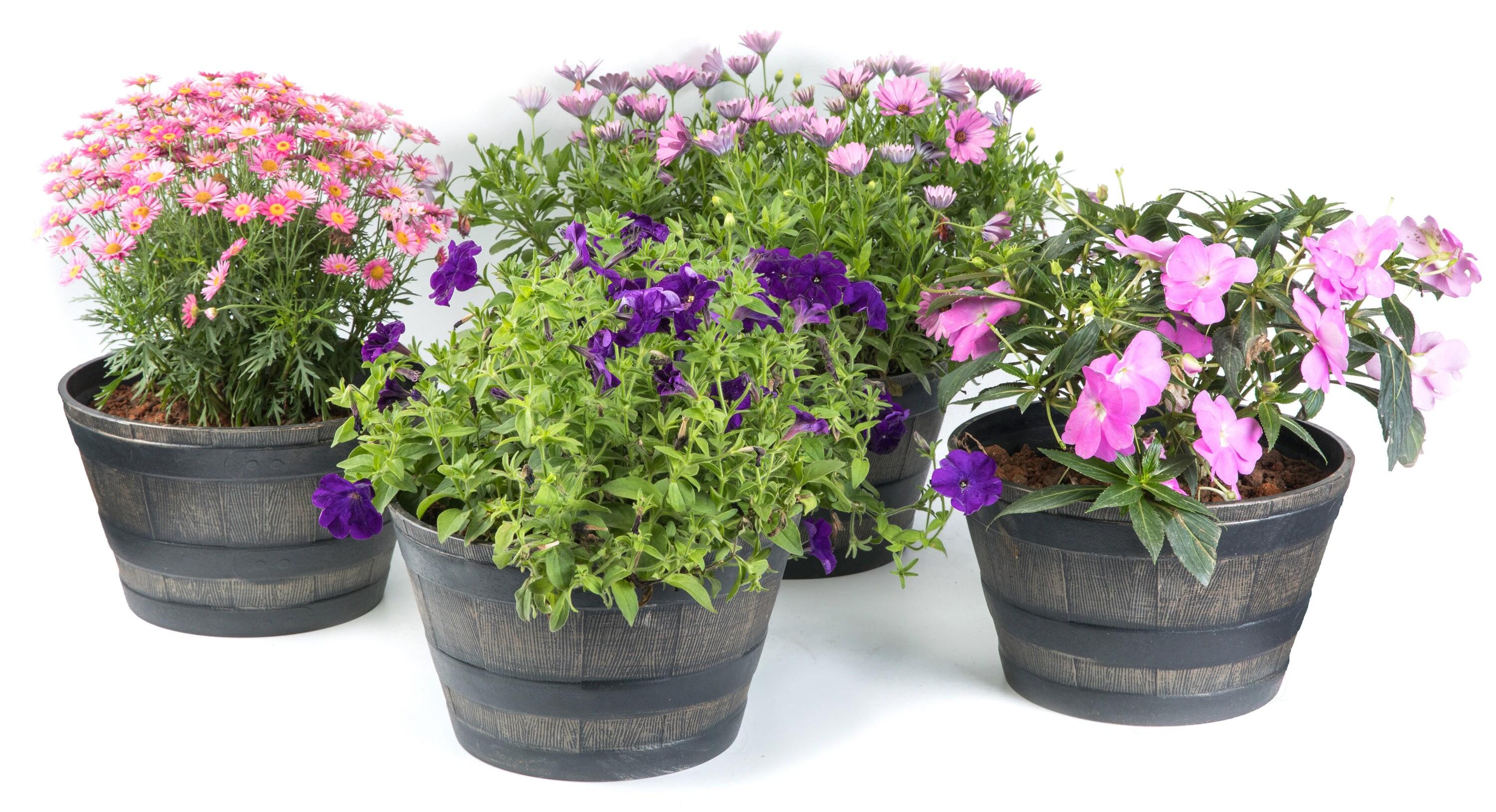 ardenised 4-Piece Round Half Barrel Flower Pots Rustic Farmhouse Style Faux Wood Planter Containers for Indoor & Outdoor Use